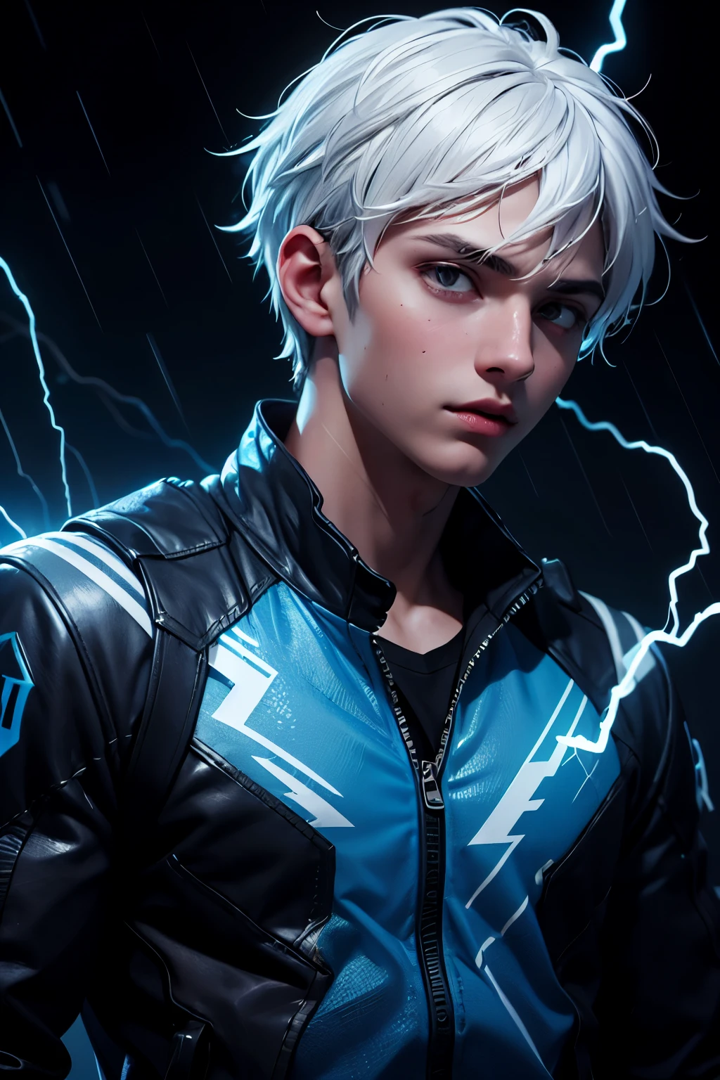 masterpiece,best quality,ultra-detailed,1boy,blue lighting,blue electricity,wrapped in electricity all over the body,black_background,rain,white hair,white