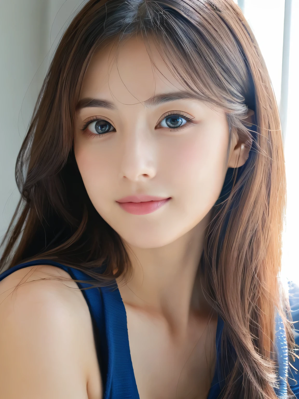(((32k,high details,high detail、masterpiece,attention to detail,alone))),Raw photo & realistic atmosphere,beautiful dark blue eyes,detailed mouth,glossy lips,thin eyebrows,fine eyes、Soft white skin that shines in every detail、her deep black eyes are so beautiful,lip details、very beautiful face,very well-shaped face、lifelike face,shining beautiful lips,beautiful eyebrows,infinite reality, Realistic young gravure idol,she'she'she'she'she'she's a very cute woman , young gravure idol, young gravure idol, Very beautiful and cute 22 years old beautiful girl,incredibly beautiful and classy,22 years old beautiful girl,natural soft light,(shiny hair,,Beautiful and kind eyes:1.5),gentle smile,well-shaped chest,medium long hair,tie hair,beautiful posture,no makeup,think ahead,
