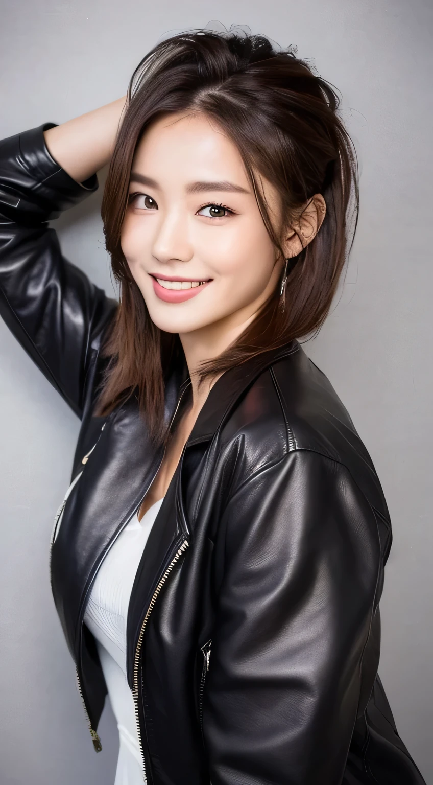 ((highest quality, 8K, masterpiece: 1.3)), 1 girl, The beauty of slim abs: 1.3, (casual hairstyle, no big breasts: 1.2), dress: 1.1, super fine face, fine eyes, double eyelid, smile, Home, Black leather jacket
