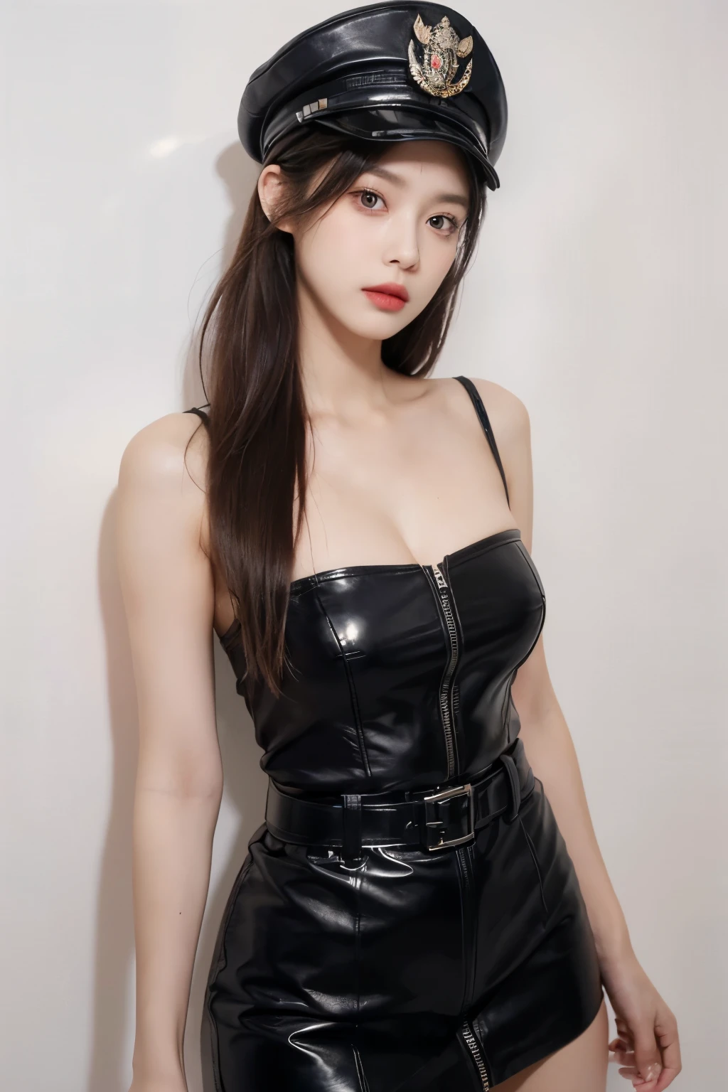 (lifelike,high resolution:1.3), A slim girl, The face shape and eyes are super delicate,black hair,red glossy lips,(beautiful face), (best quality), (Super detailed), (Extremely detailed CG unified 8K wallpaper),(White background),sexy look,big eyes,(standing),sexy pose,Character centered,(female officer),(Deep cleavage),(Black Officer uniform, Black officer hat)(,leather skirt),(Officer clothes),(epaulettes),(Photos from the waist up)