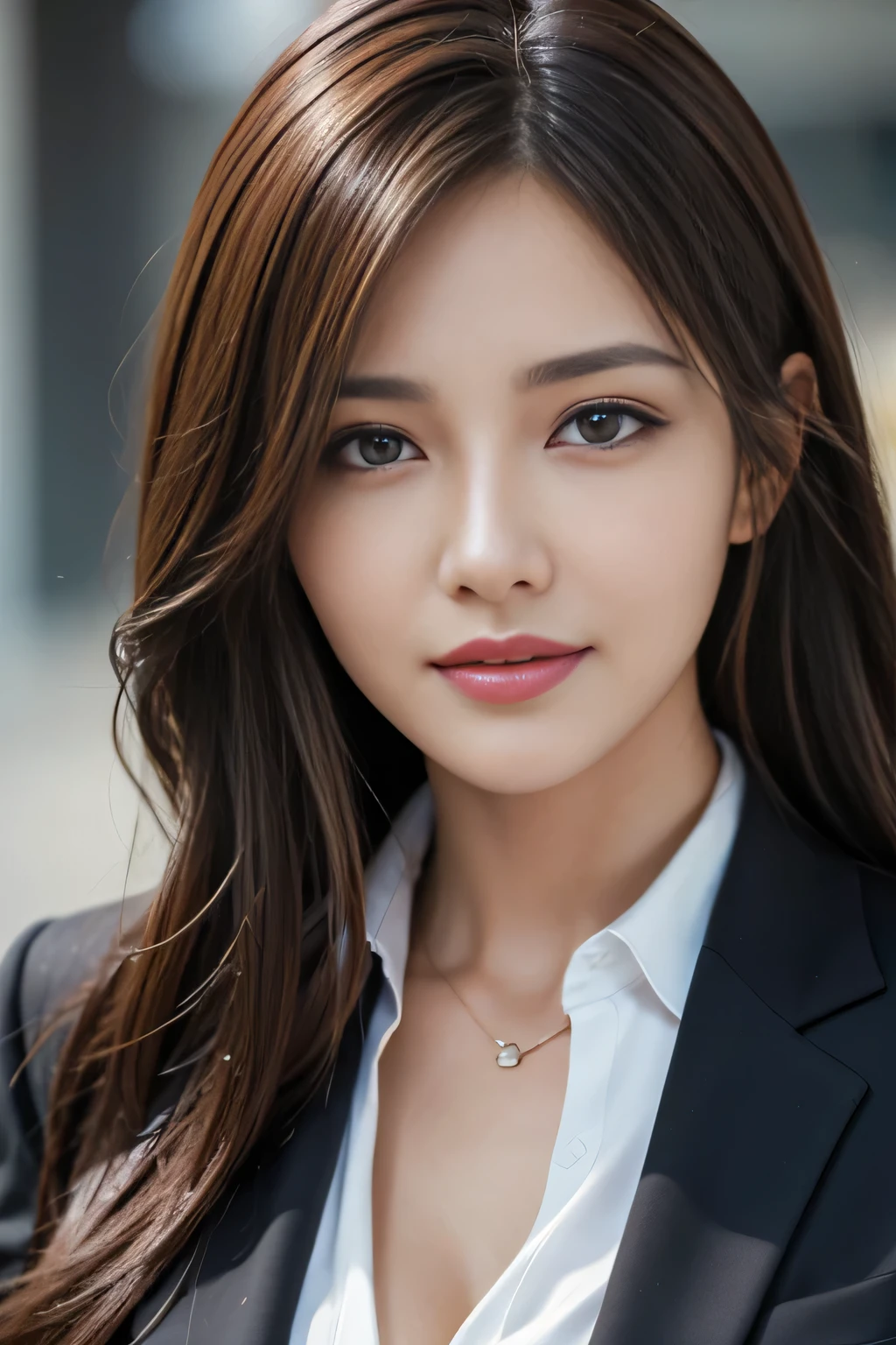 A woman in a suit and white shirt posing for a picture - SeaArt AI