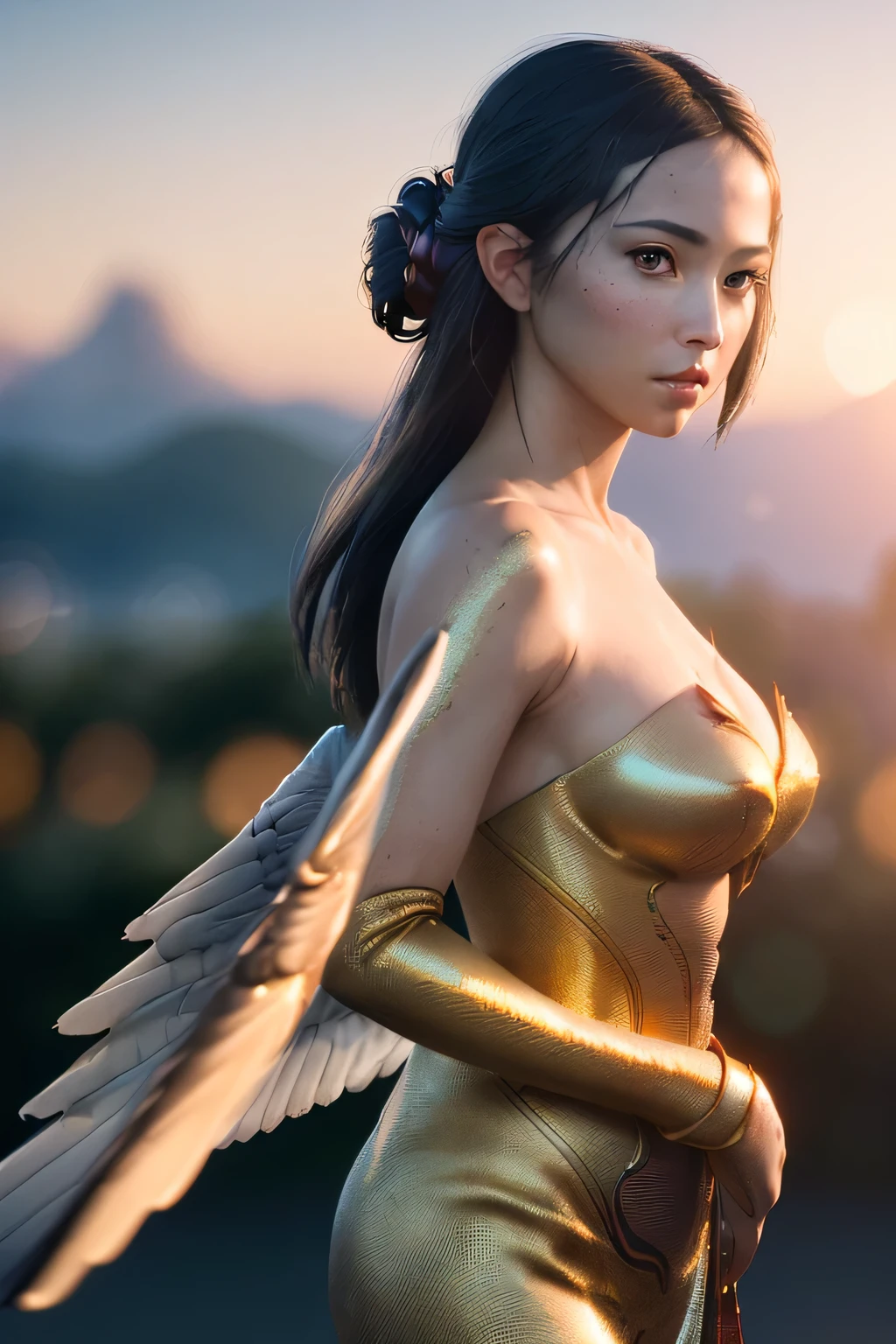 (masterpiece), (very complicated:1.3), (realistic), girl portrait, the most beautiful in the world, (hummingbird-like wings), hagoromo, metallic reflection, medium long shot, outdoor, intense sunlight, distant mountains, Stunning female professional photo details, sharp focus, dramatic, Award history, cinematic lighting, Octane Rendering Unreal Engine, volumetrics dtx, (film grain, blurred background, blurred foreground, Bokeh, Depth of the bounds written, sunset, motion blur:1.3)
