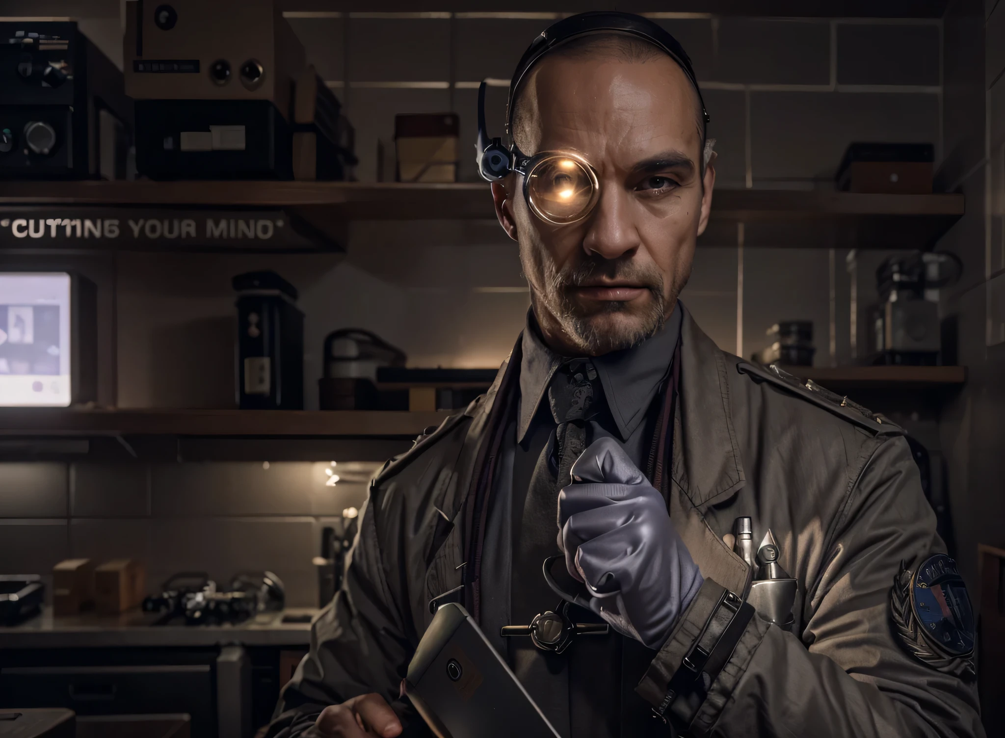 male soldier, very masculine Romanian face, completely bald, face with a rude expression staring, monocle with sensors on his head, tattoo on his forehead, he wears light gray Soviet-style overalls and a scientist's coat, white gloves, he is taking a folder, it is in a laboratory with many retro-Soviet style machines, many flasks and pipettes, screens with scientific data, many tubes and cables, small purple lights in computers servers, dark colors, purple toned image, Ultra detailed, hyperrealistic, 4k , Ultra detailed image, realistic, Highly detailed, perfect composition, splendid, Intricately detailed, Incredibly detailed, 8 k artistic photography, hyper detailed, Masterpiece, Ultra detailed, hyper realistic, 4k, Ultra detailed image, realistic, Highly detailed, perfect composition , splendid, Intricately detailed, Incredibly detailed, 8 k artistic photography, hyper detailed, Masterpiece