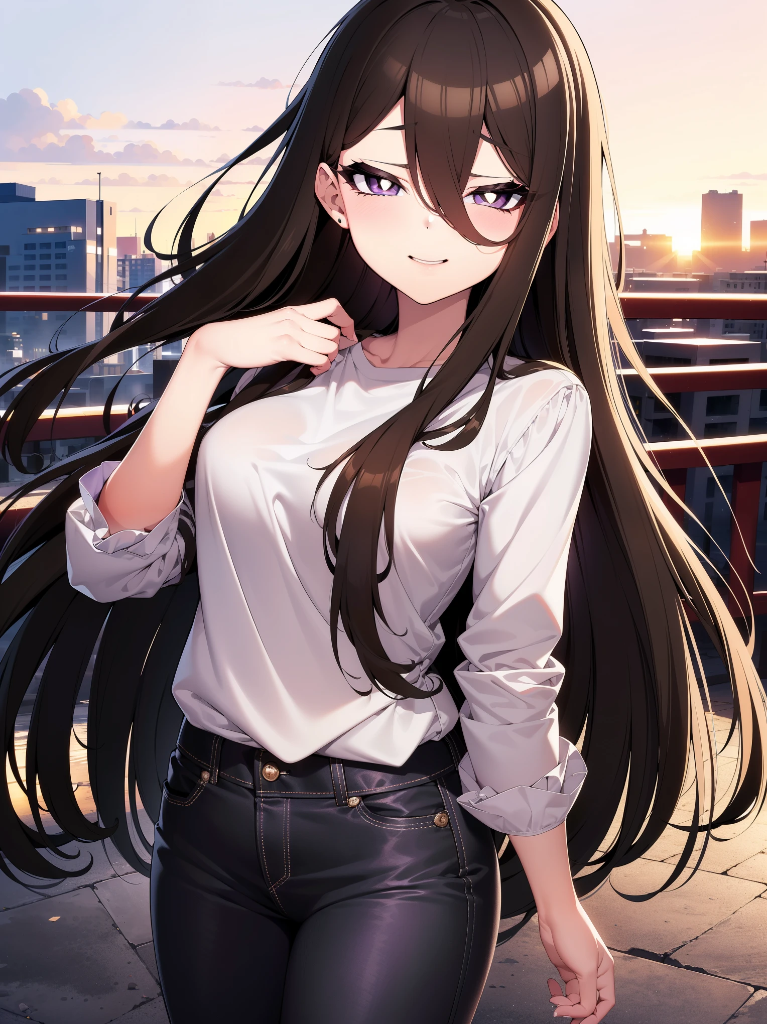 (masterpiece), (cowboy shot), (best quality, ultra-high resolution, depth of field:1.2), (perfect anatomy), (young), 1woman, (brown eyes), bright pupils, black hair, long hair, (hair between eyes), bangs, (purple under-eye makeup), baggy clothes, park scenery, sunset, smiling