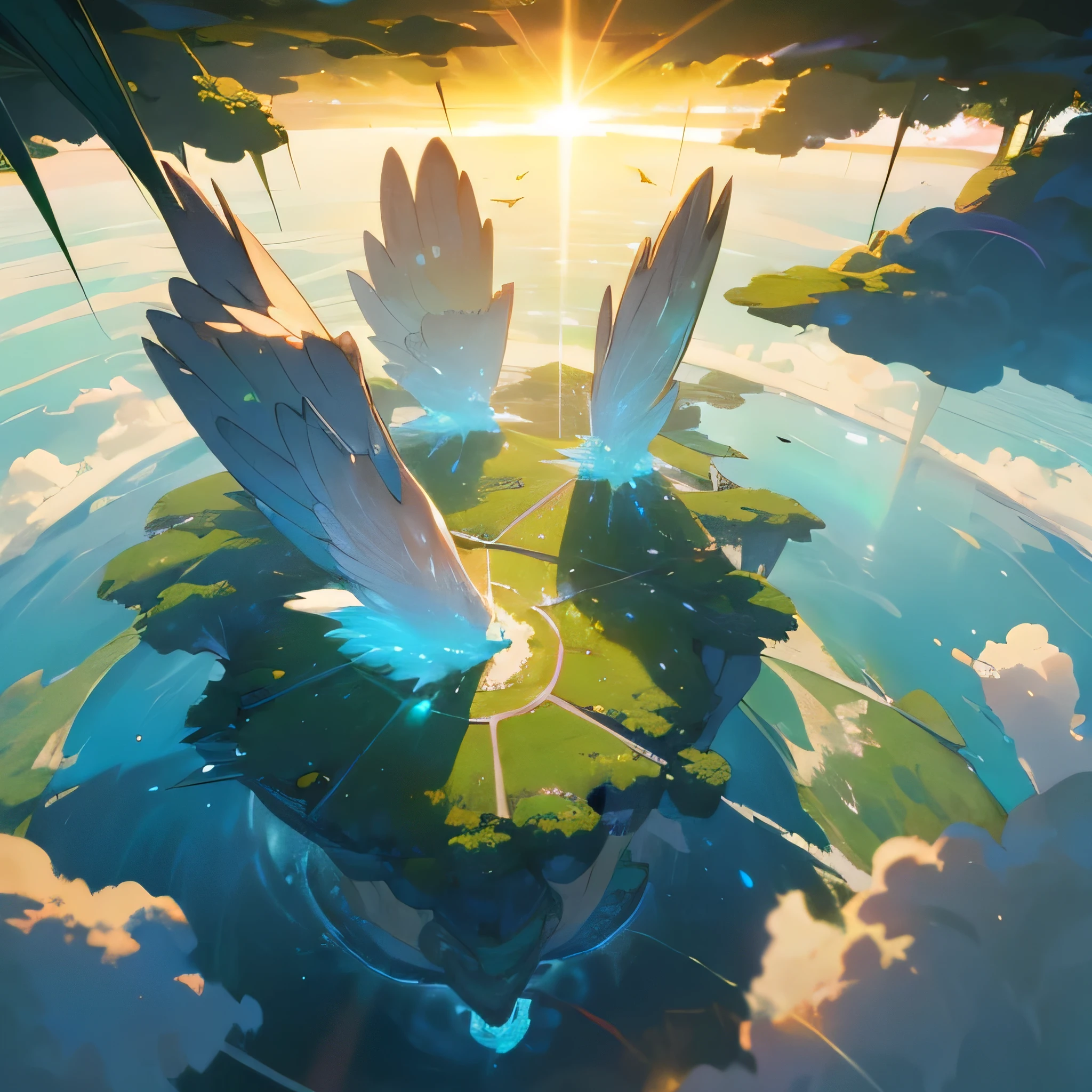 (highres)A floating island, magical and surreal, hovering in the sky. The island is lush with vibrant green vegetation, teeming with exotic flowers and towering trees. The landscape is breathtaking, with cascading waterfalls flowing down into crystal-clear rivers. The island is surrounded by fluffy white clouds, adding to the dreamlike atmosphere. The sun shines down upon the island, casting a warm and golden light over everything. The air is filled with a sense of tranquility and wonder.

Hovering gracefully above the island are majestic creatures, birds, with iridescent feathers. They soar through the sky with elegance and grace, their wings creating a mesmerizing display of colors as they catch the sunlight.