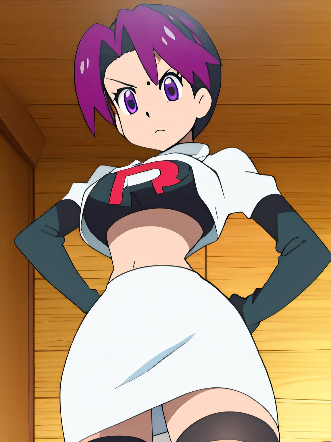 8k, masterpiece,highres,very large breast, team rocket uniform, red letter r, white skirt,white crop top,black thigh-high boots, black elbow gloves, glaring angrily, looking down at viewer, hands on hips, cowboy shot, zettai ryouiki,from below, black panties,anime style, vivid colors, sharp focus, intense lighting,kochou shinobu, butterfly hair ornament, purple eyes, multicolored hair, short hair, parted bangs