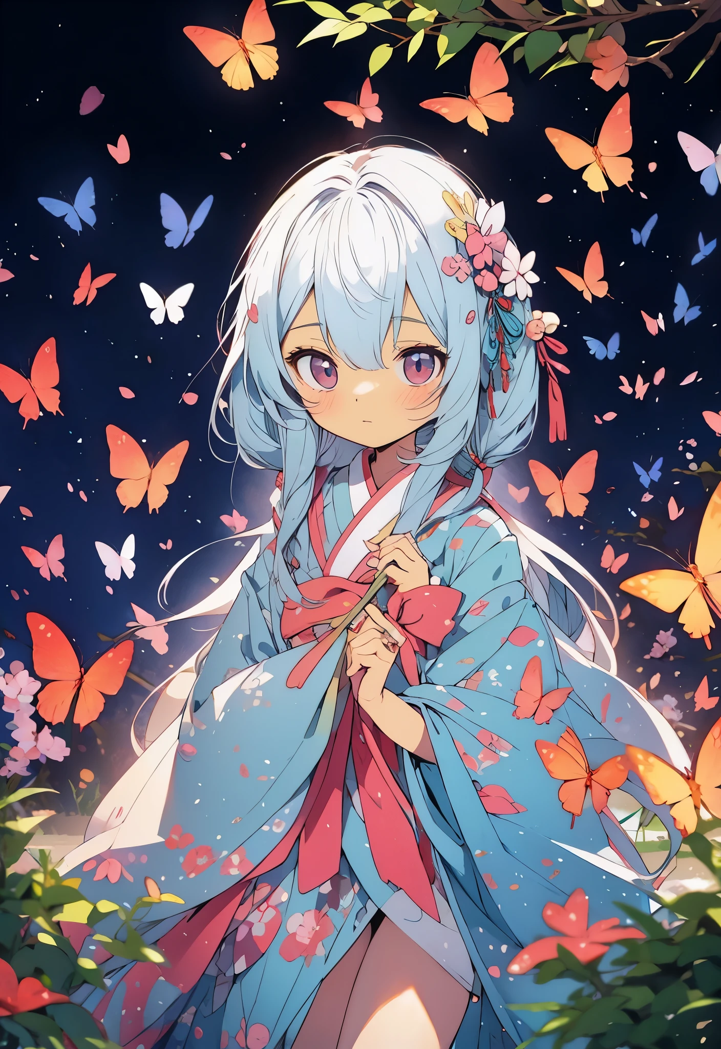 under the cherry tree, light blue long hair、Chibi character with twin tails and mom, japanese manga style, Cartoon style illustration, Japanese anime style, Full color illustration,