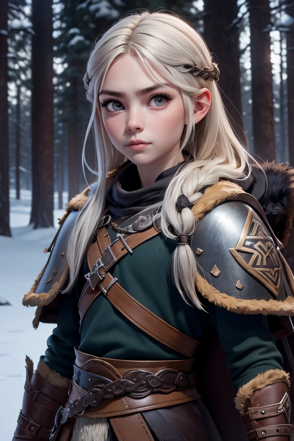 Portrait painting of 1 as nordic viking warrior, 1, laurenchen, Cabello OSCURO, Cabello largo, brown eyes, con armadura vikinga, Piel detallada, fantasy, snowy nordic forest, Estilo modelshoot, (CG extremadamente detallado), Foto de una hermosa obra de arte, (Antonio Moro), (Jeremy Mann), High detail, sharp focus, dramatic, oil, realista