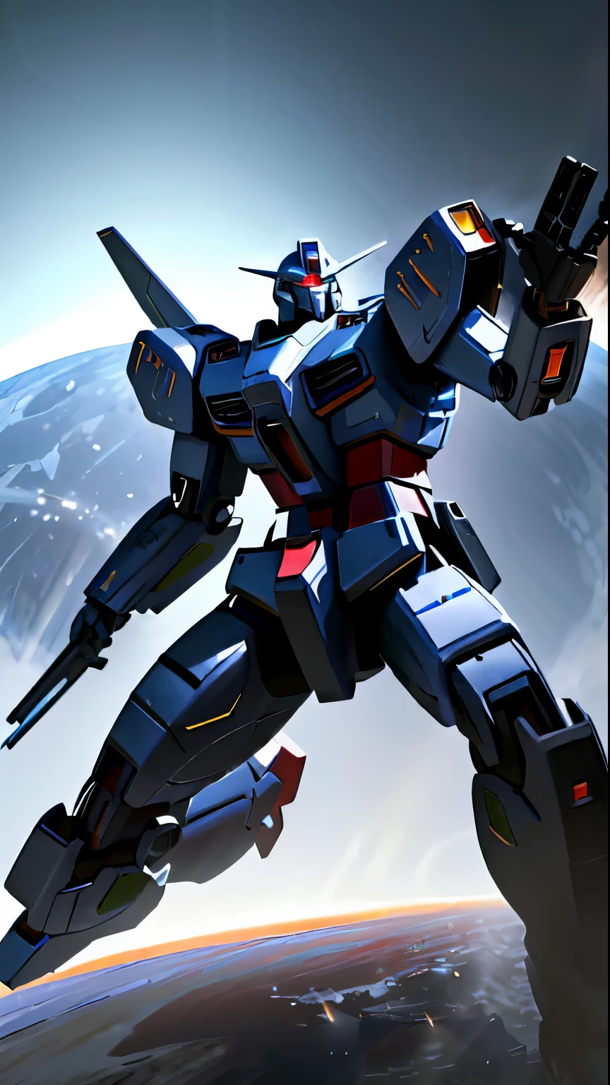 ((masterpiece)), (solo:1.4), a (((mecha))) with sleek and menacing design, glowing eyes, full body, highly detailed, high detailed background, battle, planet, hovering, a huge shield, shoulder armor, mechanical backpak ,science fiction, fighter plane flying over the earth in space with the moon in the background, concept art, space art,