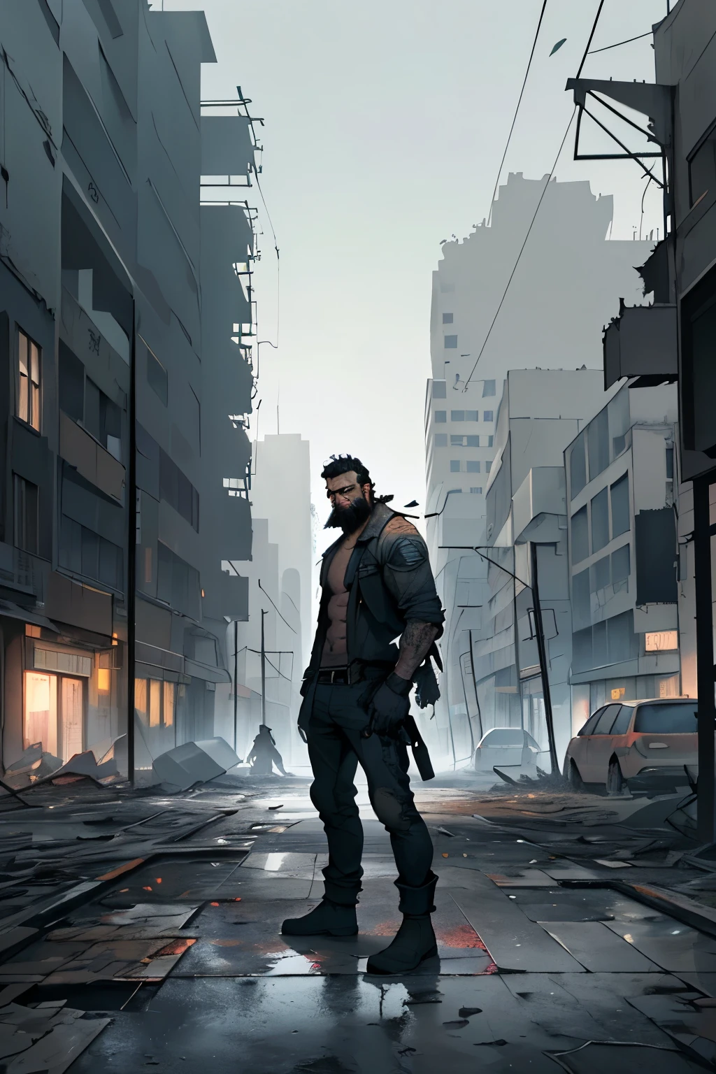 Necrocapitalism - A hauntingly desolate cityscape, where the echoes of prosperity linger among the empty streets. The remnants of a once bustling metropolis are now mere specters, overshadowed by the decaying infrastructure and abandoned buildings. The air is thick with an eerie stillness, as if time itself has been suspended in this post-apocalyptic world. The high resolution image captures every minute detail, from the cracked pavements to the broken windows, showcasing the derelict beauty of this forsaken place. Amidst the desolation, a lone figure emerges, a matured male with a commanding presence. His beefy physique and thick eyebrows speak of strength and resilience, while his designed beard adds a touch of sophistication to his rugged