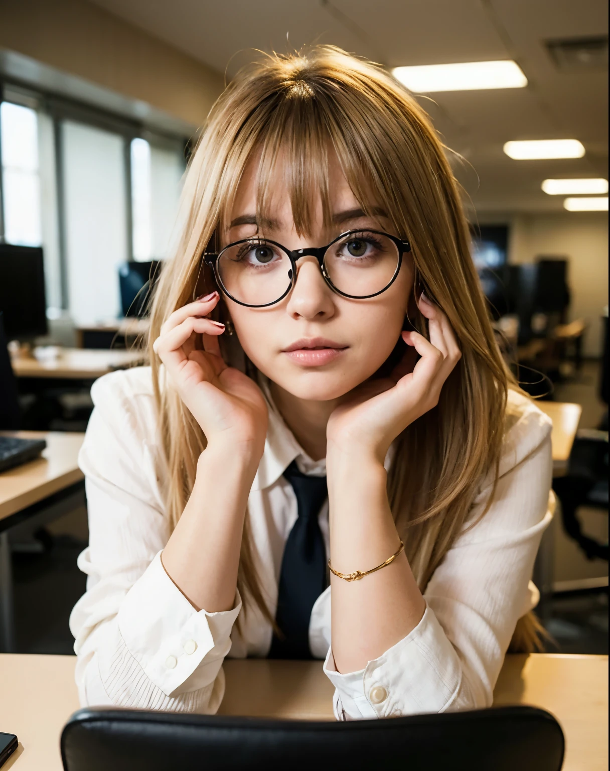Alone in the company room, straight dark blonde hair with big bangs and round black glasses, brown eyes