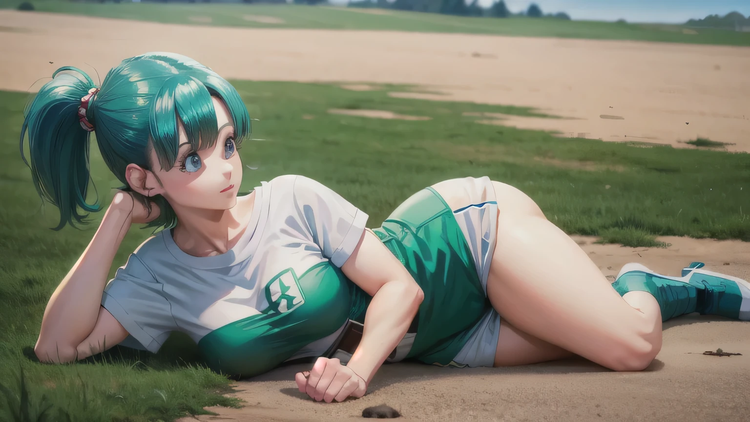 Bulma holding a super realistic and well-detailed rada with features from the anime Dragon Ball Z