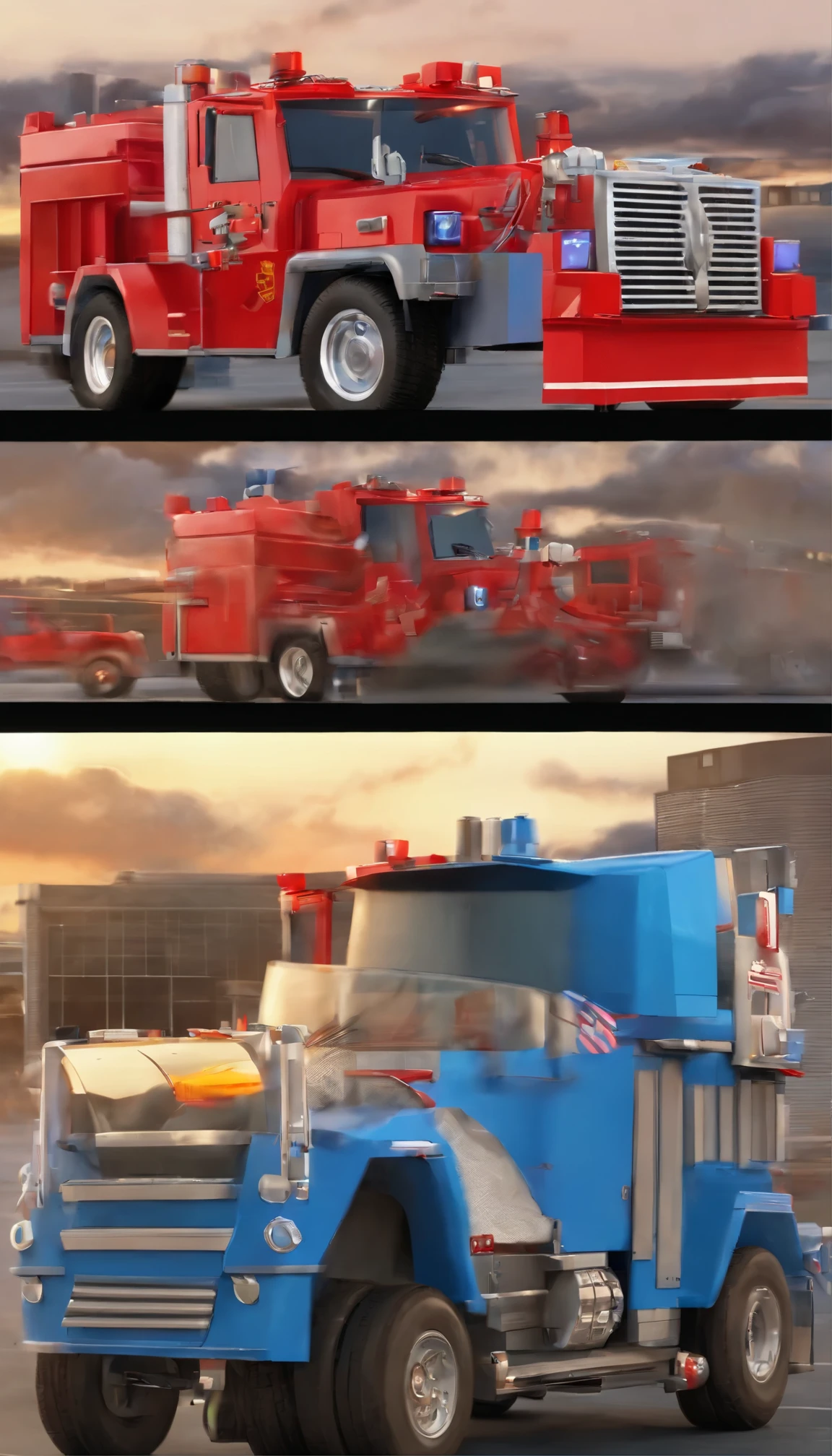 the real Optimus prime as an airport fire truck-z8-Albert 8x8, like his 2007 animated counterpart with blue head, blue hands, light blue energon eyes and blue legs , and autobot logos on his shoulders, along with him holding his red and grey axe that has a blue energon blade, robot mode with a vehicle next to him that is also an airport fire truck-z8-Albert 8x8