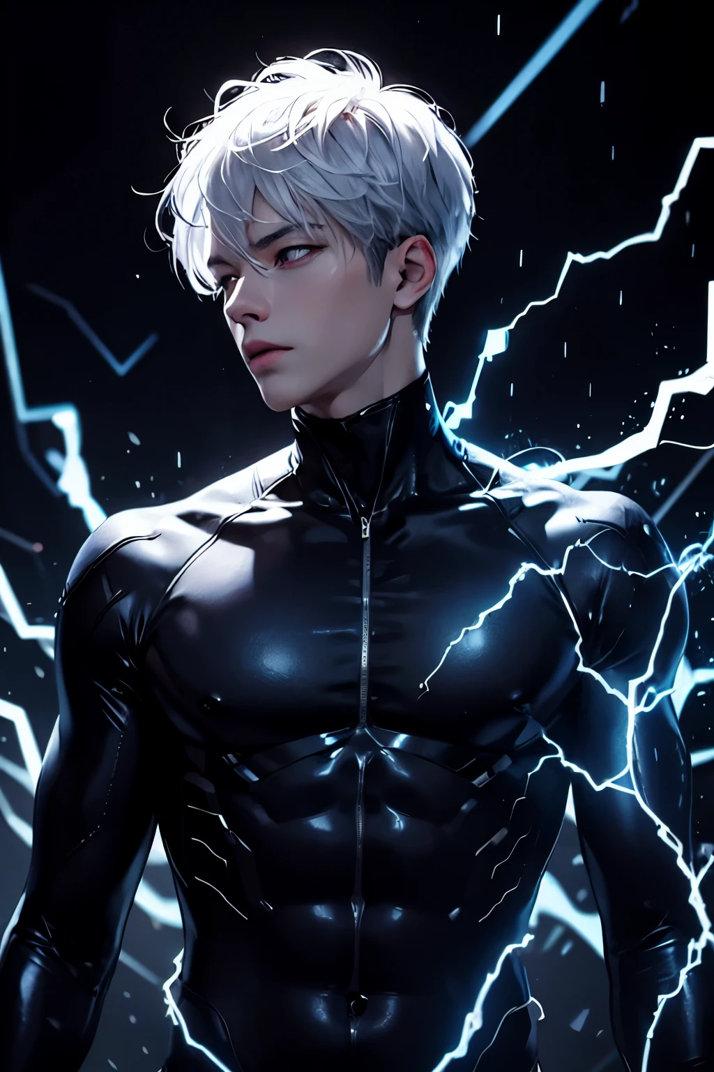 masterpiece,best quality,ultra-detailed,1boy,blue lighting,blue electricity,wrapped in electricity all over the body,black_background,rain,white hair,white