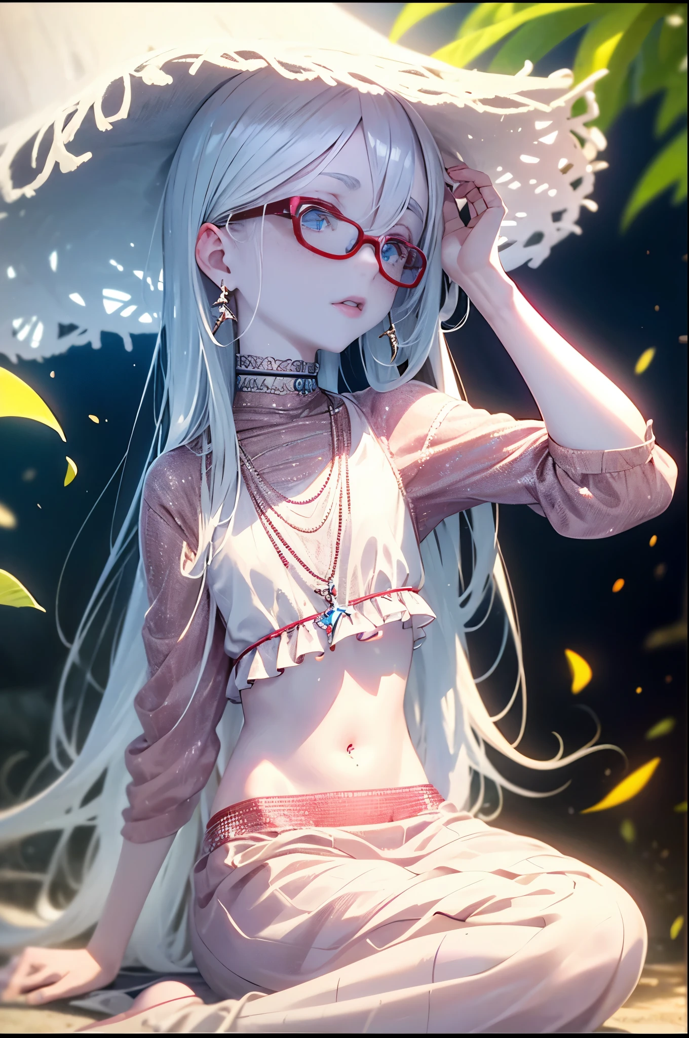 {{a young effeminate boy}} with freckles, long white hair, beautiful blue eyes, wearing red glasses, cute clothes and small jewelry, in a beach, full body image, anime style, perfect lips, symmetrical face, pale skin