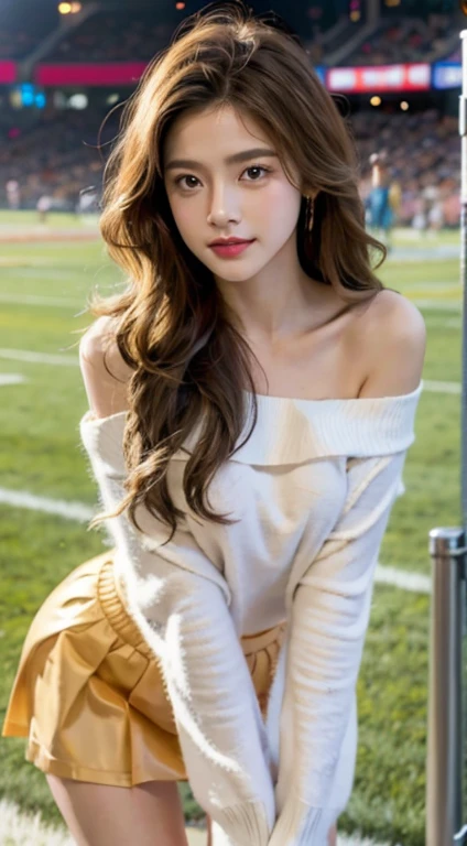 best qualtiy,tmasterpiece,ultra high resolution,(fidelity:1.4),RAW photogr,20-year-old sexy model, Cute young girl, Long messy hair,Smiled shyly, curlies, golden hair, Campus style, off shoulder one shoulder shirt, short skirt, On the football field, posing elegantly, posed for photo, Random shooting angle, Surprising detail,The is very detailed, Smooth skin, a warm color palette