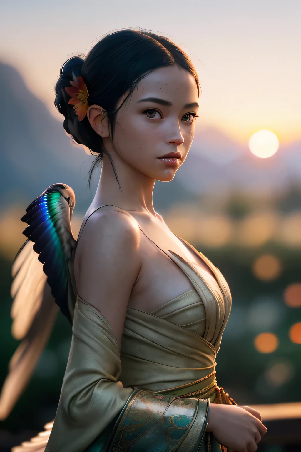(masterpiece), (very complicated:1.3), (realistic), girl portrait, the most beautiful in the world, (hummingbird-like wings), hagoromo, scale reflection, medium long shot, outdoor, intense sunlight, distant mountains, Stunning female professional photo details, sharp focus, dramatic, Award history, cinematic lighting, Octane Rendering Unreal Engine, volumetrics dtx, (film grain, blurred background, blurred foreground, Bokeh, Depth of the bounds written, sunset, motion blur:1.3)
