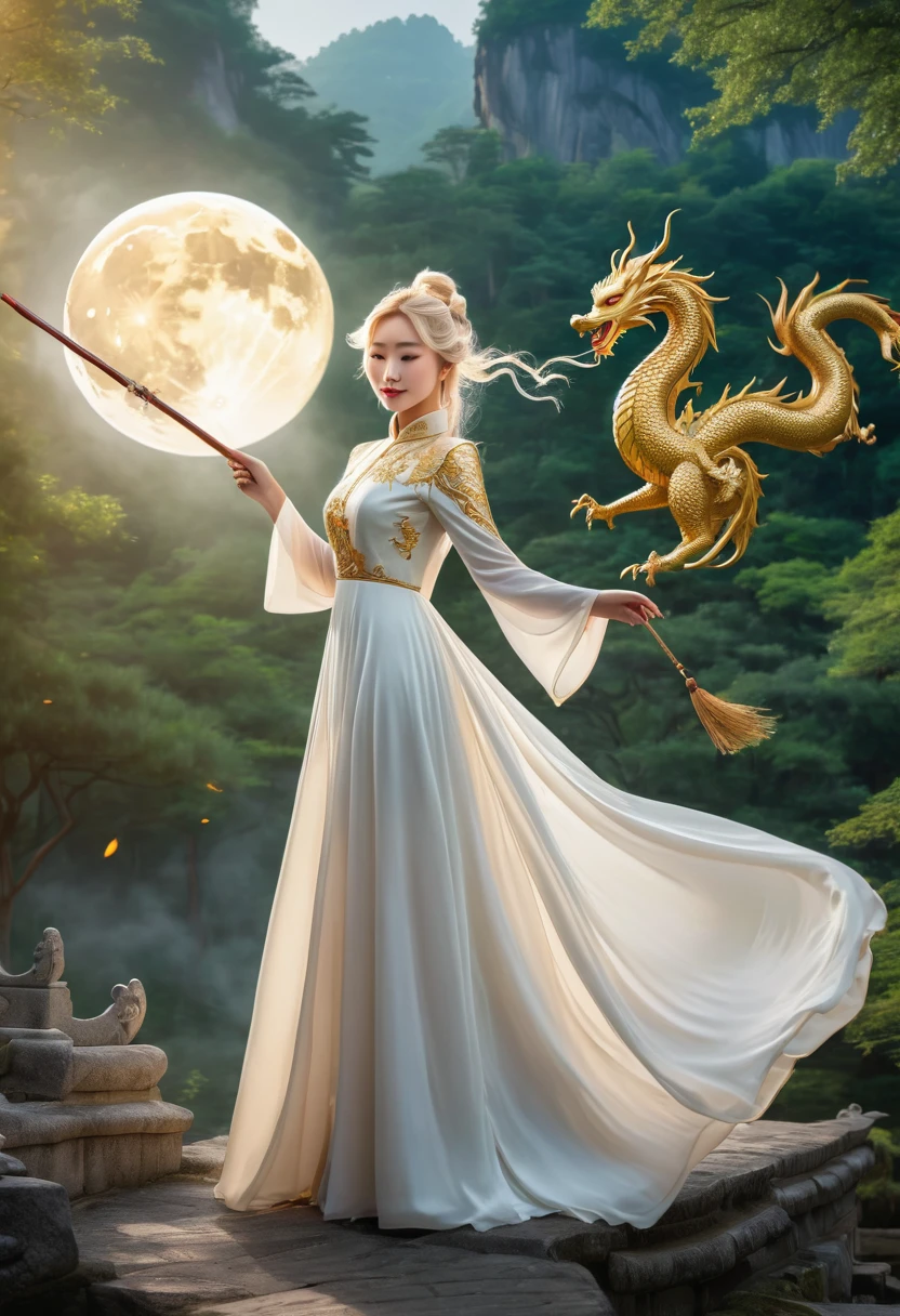 Princess (blonde hair, wearing a long dress, holding a magic wand), background (forest, moon), Chinese dragon (one, five-clawed golden dragon, two wings), princess riding a dragon  