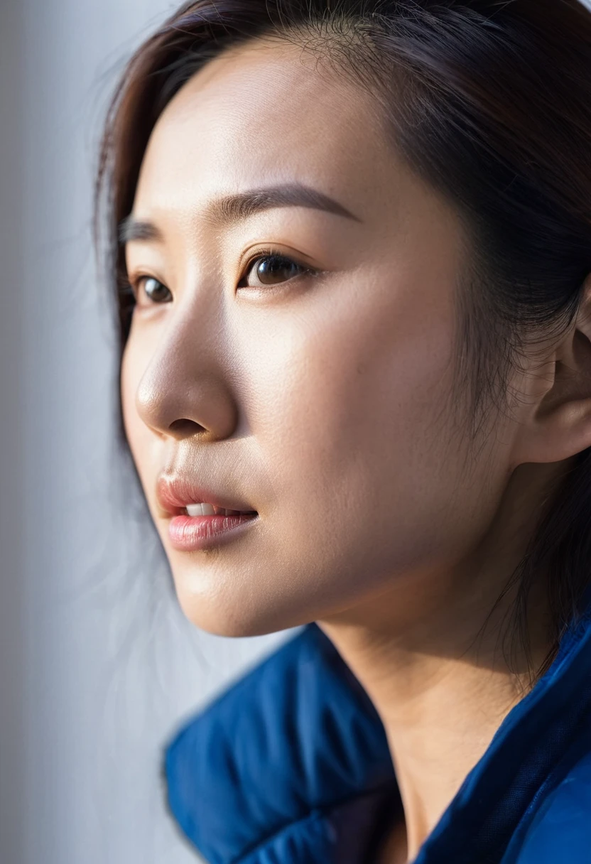 Asian woman in blue jacket against wall, close-up of face, side light