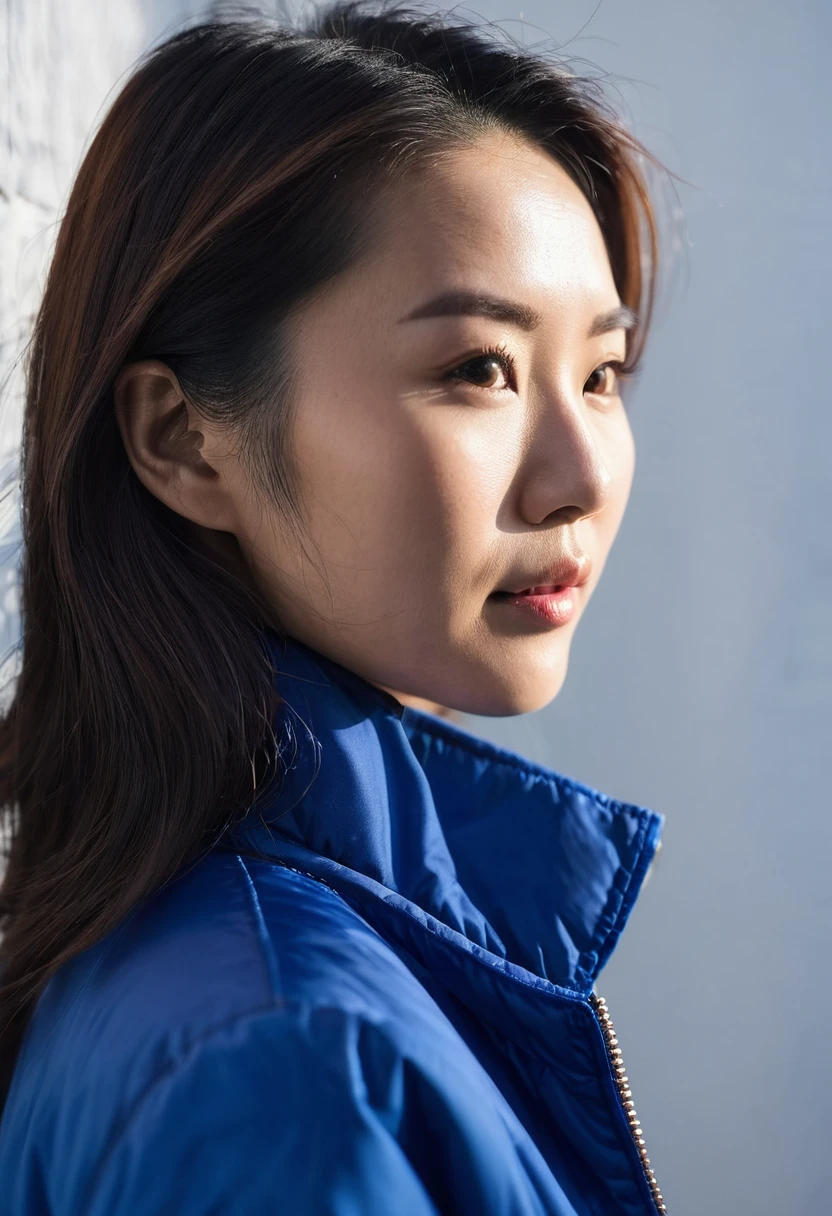 Asian woman in blue jacket against wall, close-up of face, side light