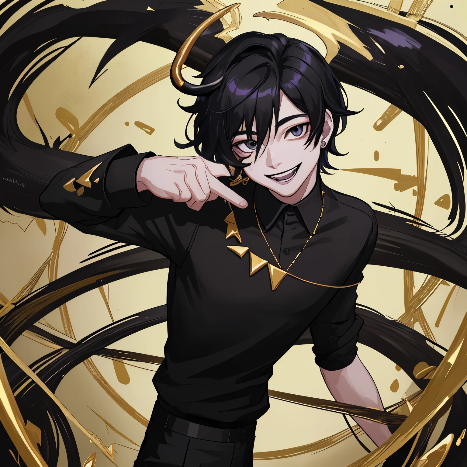 Fornite player wearing black shirt black pants in black hair with gold horn in smile in the picture
