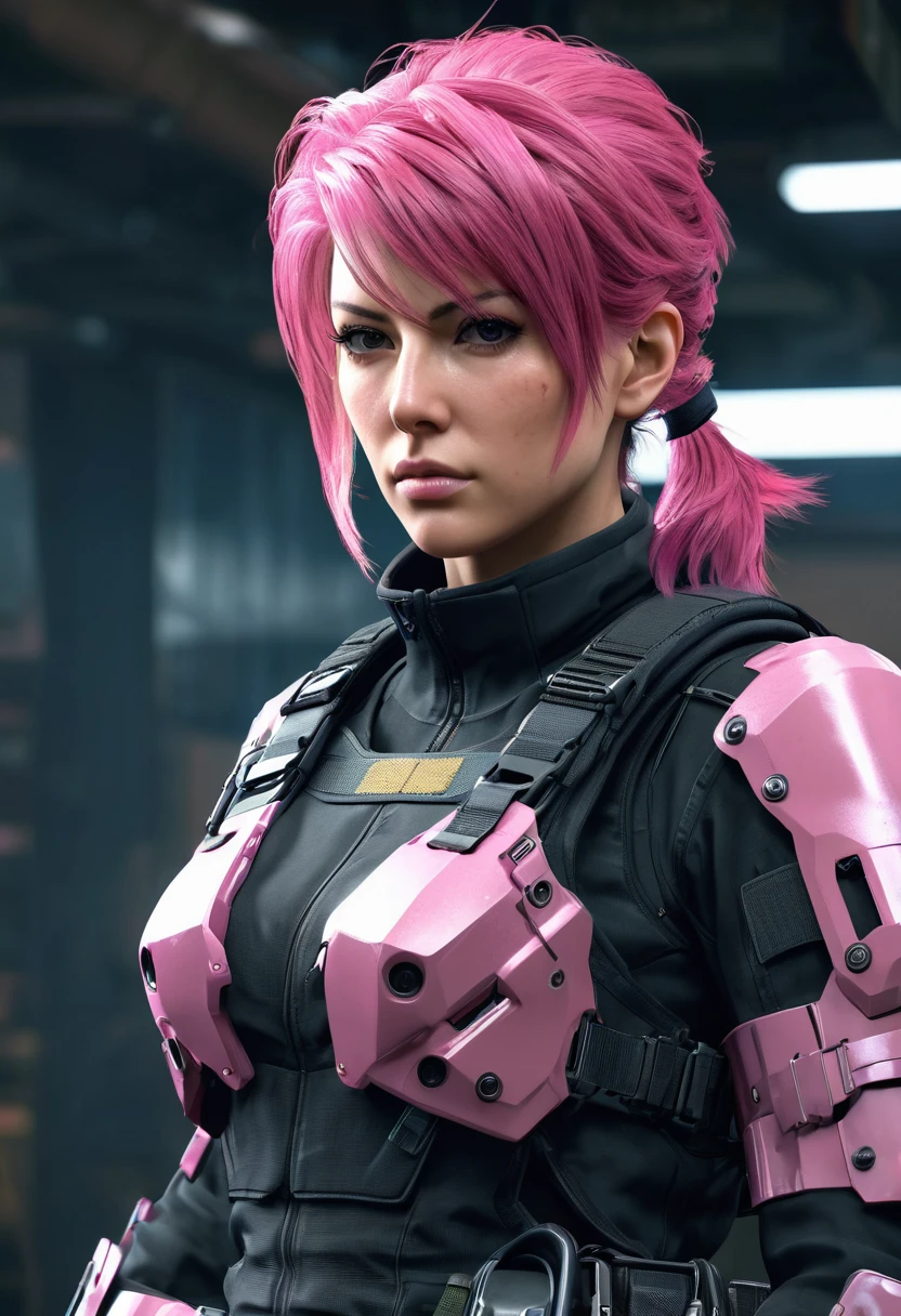 style of metal gear solid, (detailed intricate full cover tactical helmet:1.3), (pink hair), cowboy shot, dynamic pose, 1girl, solo, ray tracing, (masterpiece), (best quality), (detailed), (detailed tactical gear:1.1), (body armor:1.1), combat pants, gloves, (intricate background:1.1),