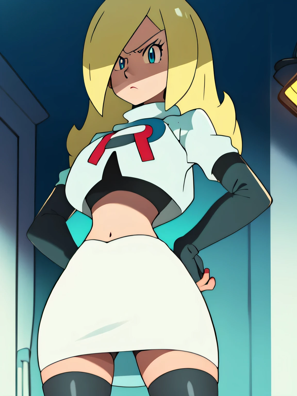 8k, masterpiece,highres,very large breast, team rocket uniform, red letter r, white skirt,white crop top,black thigh-high boots, black elbow gloves, glaring angrily, looking down at viewer, hands on hips, cowboy shot, zettai ryouiki,from below, black panties,anime style, vivid colors, sharp focus, intense lighting,rosalina, glossy lips