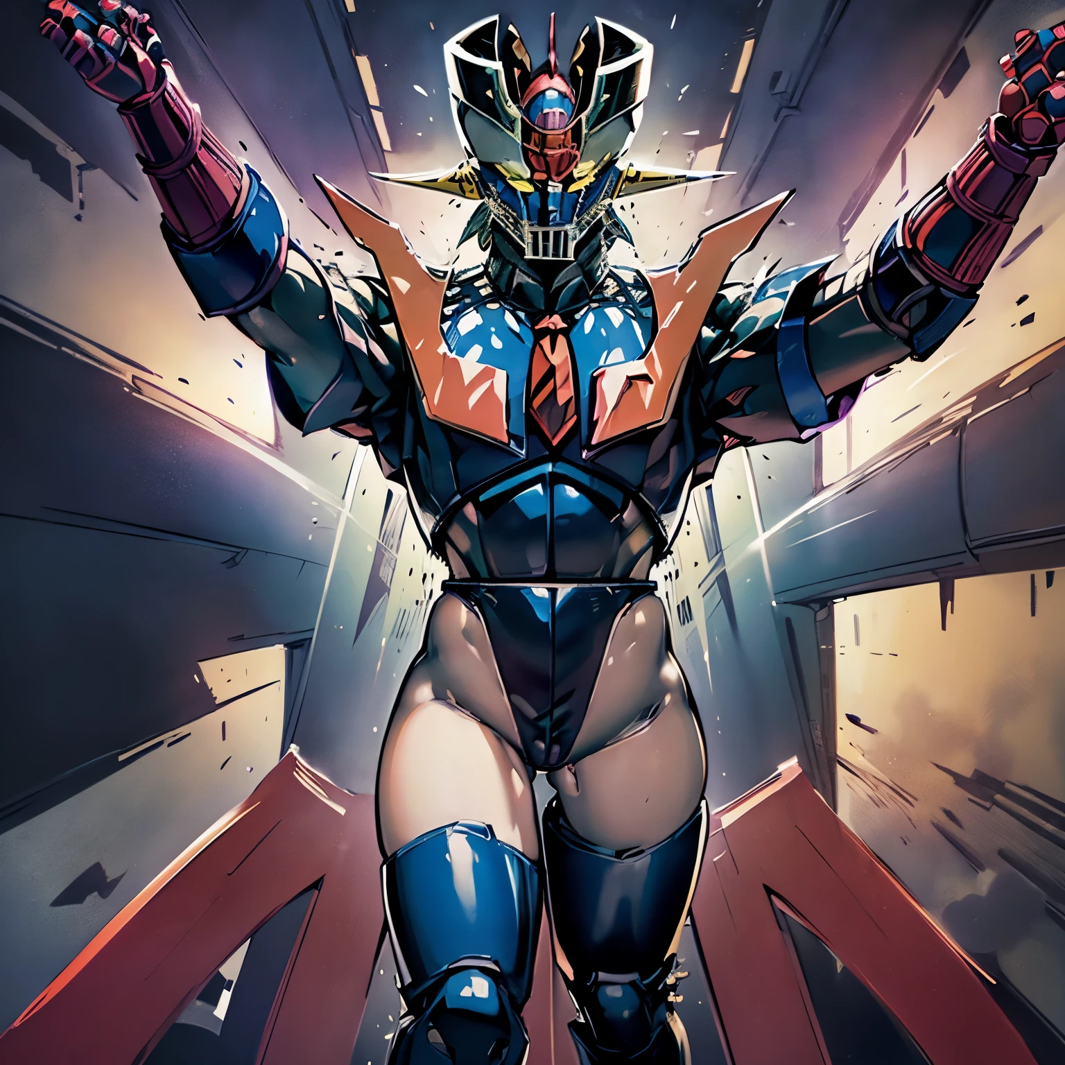 ultra-detailed, Explicit, street fighter, doll suit, shadaloo doll, dollsuit, looking at viewer, red gloves, black latex, corruption, mind control, full body, hypnotized, unhappy trance, full body suit, ribbed bodysuit, both arms at side, obey, extremely glossy latex, hypnosis, hypnoLora, empty eyes, Mind control device, poses, submissive_pose, Slave, standing straight, standing, standing at attention, hat, necktie, belt, latex, ribbed bodysuit, thigh Highs, garter belt, Fighting Stance, extending the right arm from the shoulder into the air with a straightened hand, military, thigh boots, black pantyhose, (((pixel-perfect, detail-perfect))), (((MAZINGER, mazinger z robot, robot, no human, super robot, mecha)))