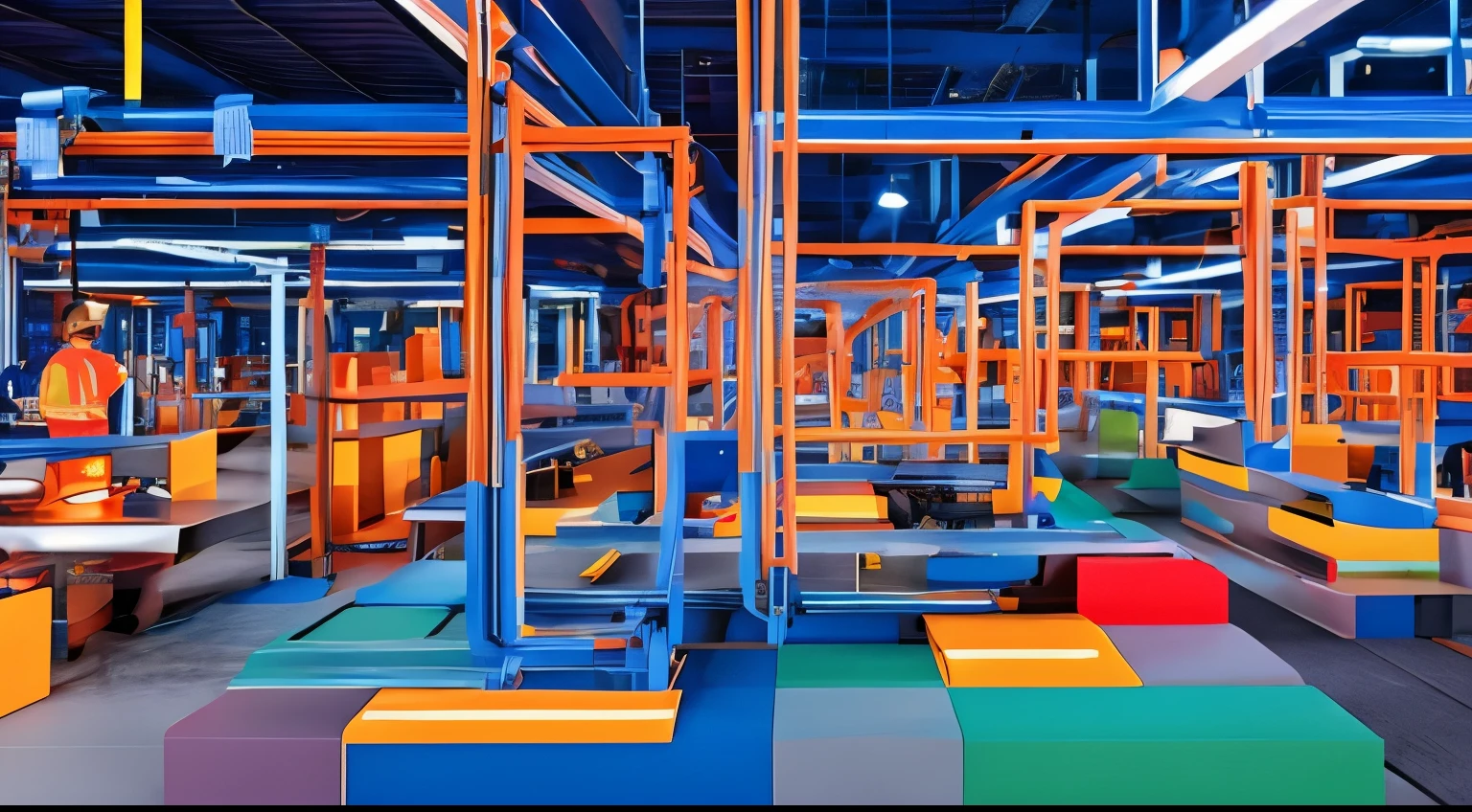 A super modern factory controlled by a technological smartphone, many connected devices, 5G highlight, vibrant colors, intense lighting, IoT icons.