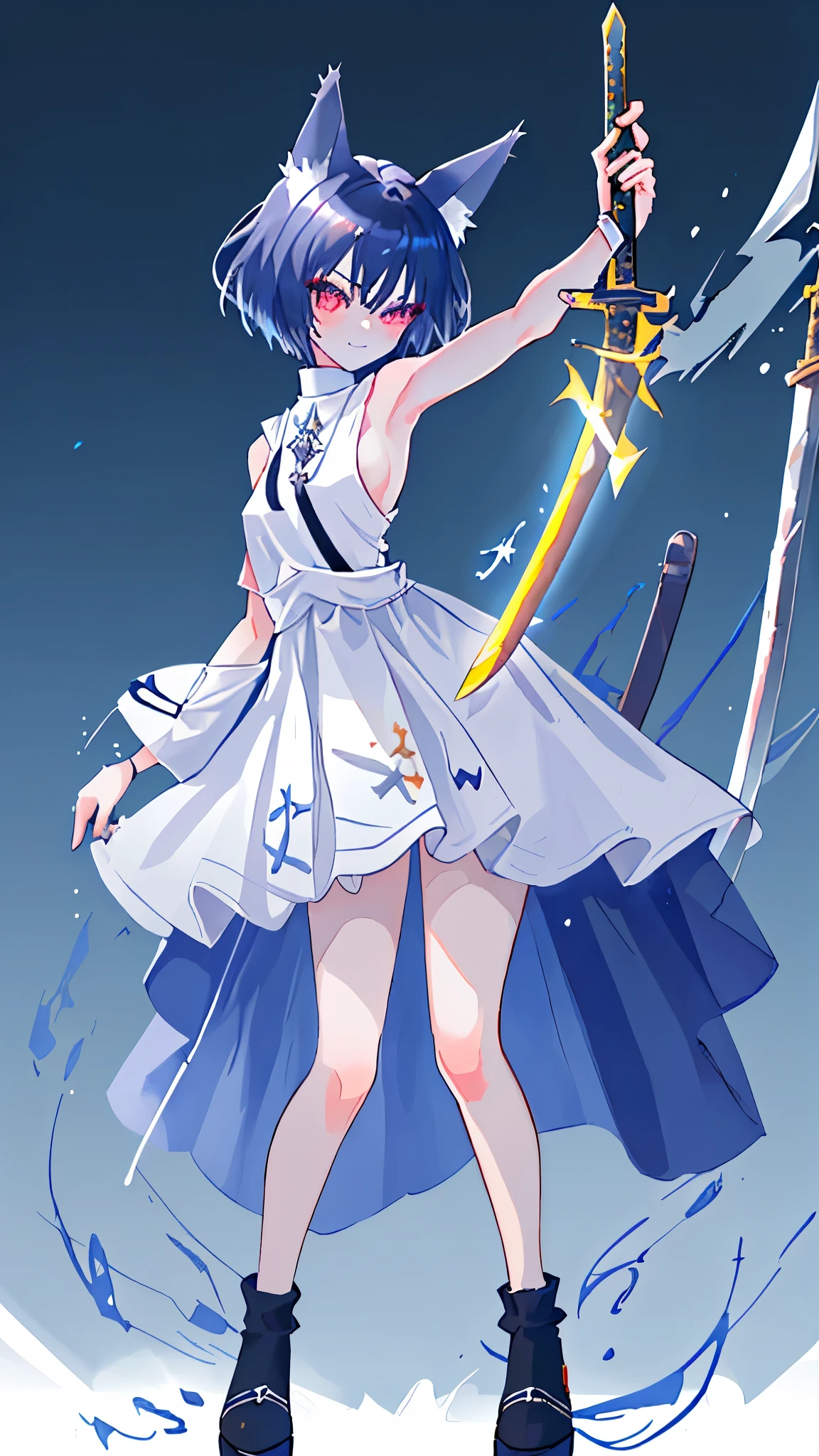 Masterpiece, Ultra high graphic, 1 Girl, ((Fran)), Black short hair, hair between eyes, Cat ears, ((Standing holding a holy sword:1.4)), (Fighting pose girl) Random low angle, cute, looking at viewer, blushing, little smile, mid-chest, spread legs, day atmosphere, soft skin, beautiful, Very sexy, nfsw, hands on pussy, legs opened ((hills)) 