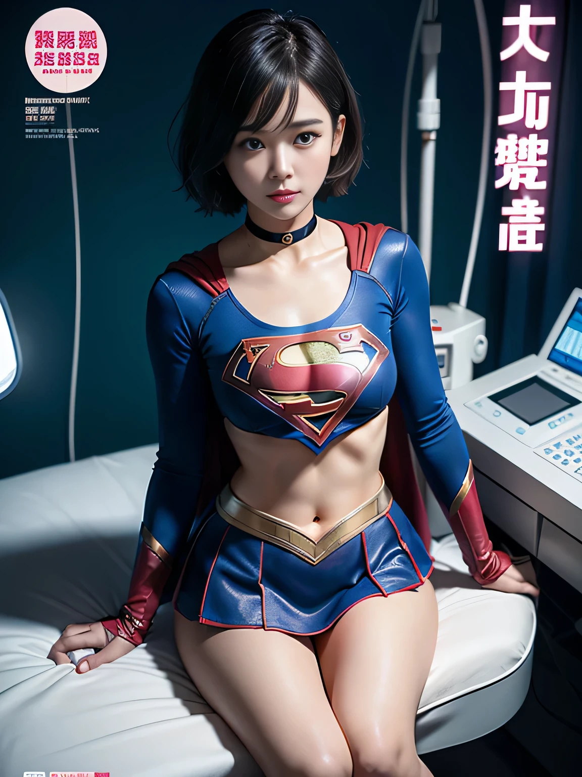 highest quality、masterpiece、Short-haired Supergirl sleeping in the operating room、plump breasts、look at the camera、choker、barefoot、Weekly magazine cover、High leg、mini skirt、tight costume、confused、wide open legs、obscene、Show me a glimpse、long sleeve、