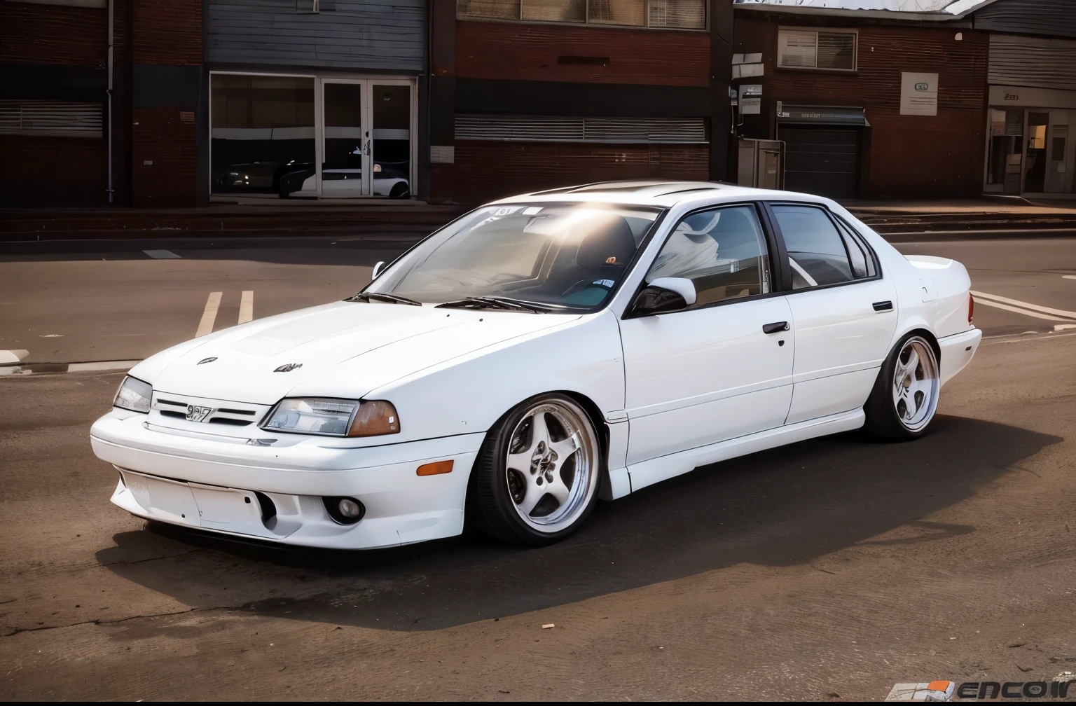 white arafed car parked in front of a building in a parking lot, corpo largo, frente longa, full view of a car, tinta branca fosca, ultra amplo, foto de perfil frontal, Da noite, front angle, super largo, imaculado e limpo, jantes brancas, 1999, 1 9 9 9, 1 9 9 5