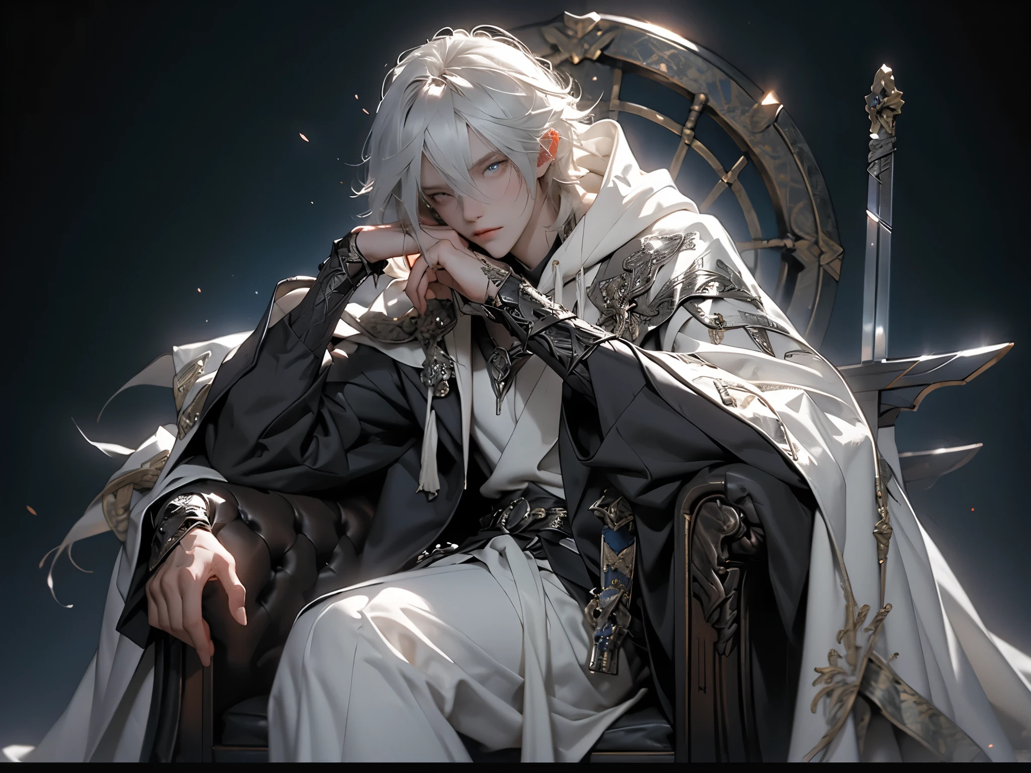 1boy, sitting in gaming chair, pale skin, cape, robe, hood, light armor, sword, shield, detailed eyes, and face