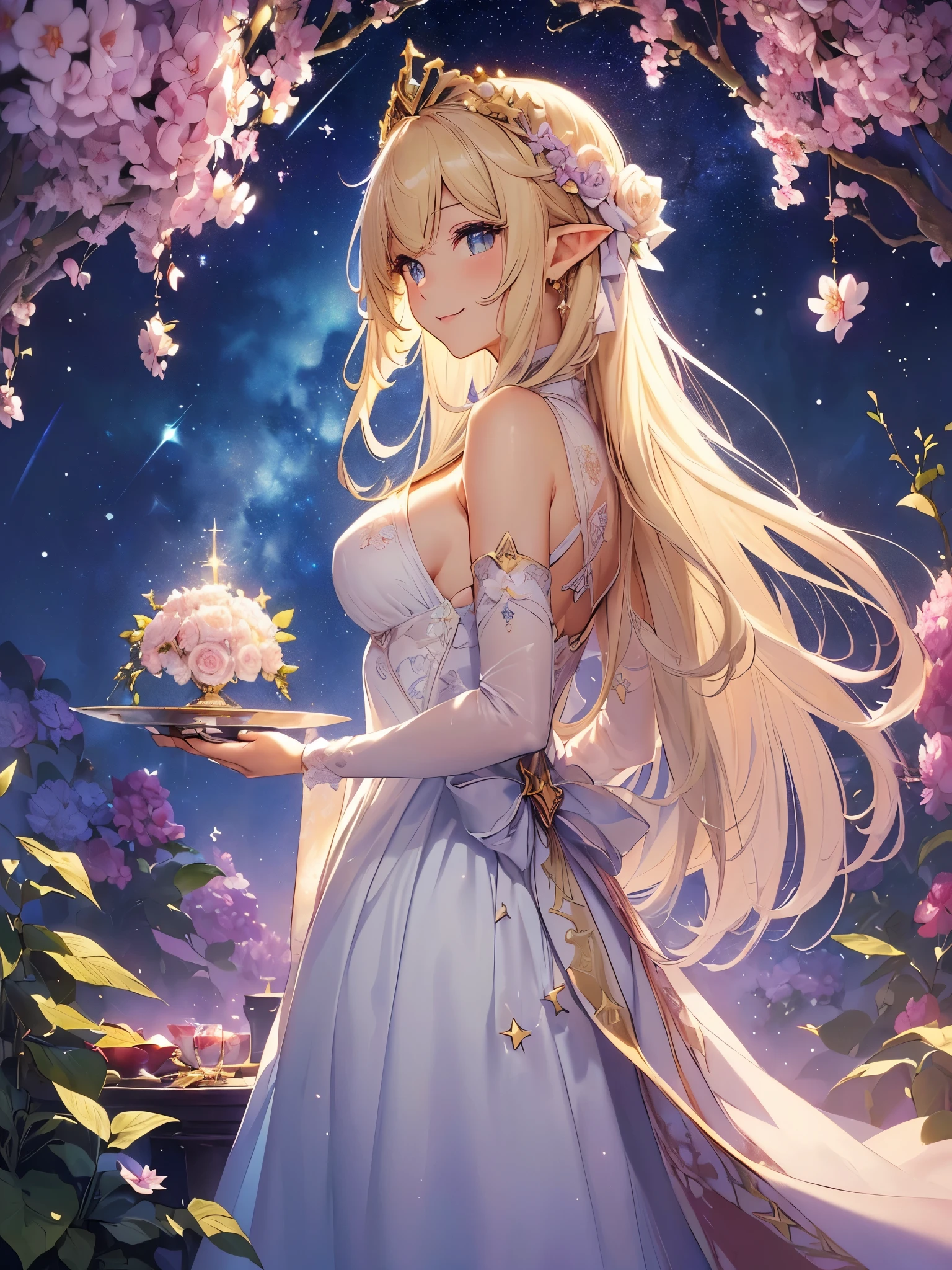 highest quality、Highest image quality、masterpiece、beautiful profile、、Titania、Super beautiful elf beauty((22 years old OL big bust、bust 90,beautiful long ironed hair、blonde、Height: 165cm。slender、sexy、Esbian、beautiful tiara、night、High quality、美しいart、Beautiful bed、canopy、Canopy、background((starry ski)))muste piece、ビジュアルart、Depth of the bounds written、、elf ears、、Lightのmagic、universe、A happy smile、穏やかなLight、Elven Forest、cherry blossoms、、elegant、ticker beautiful decorative、marble columnystical rosa、Rose、flower瓶magicのflower、flowerを作るmagic、Light、 the sky、beautiful dressy、beautiful dress、table、giant galaxy、myth、ART、Lord of the Ring、sexy、friendly smile、Fantastic、cherry blossoms、舞い散るflowerびら、cherry blossomsのflower、universeのmagic、magicのLight、fantasy、flower、super REALITYたくさんのRose、magic、universeを飛ぶ、、Grow fantasy、、mysteryのLight、byzantine、Art nouveau、alphonse Mucha、、art、art,mystery,UHD,magicalgentle light,sexy、