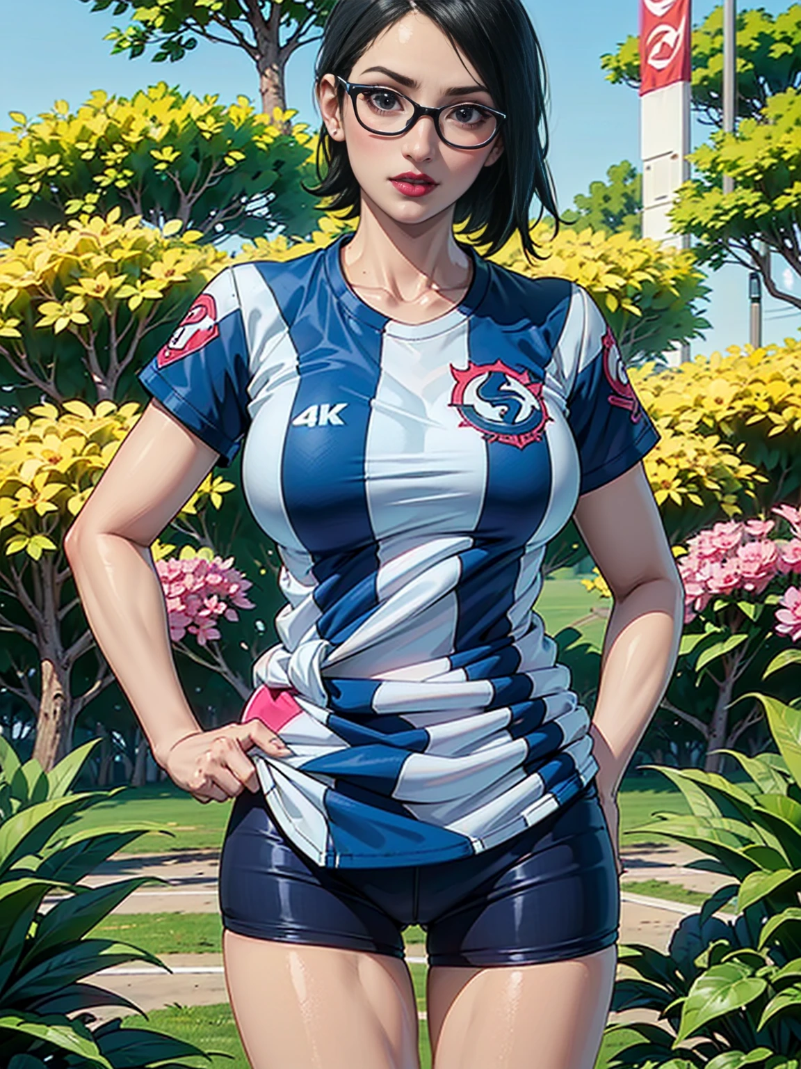 (1girl, solo, alone), (WakatsukiRisa, Sarada Uchiha, black hair, short hair, black eyes, red glasses), ((solo, (1woman, pink lipstick, black eyes), Extremely detailed, ambient soft lighting, 4k, perfect eyes, a perfect face, perfect lighting, a 1girl)), ((fitness, shapely body, athletic body, toned body)), ((paysandu shirt, paysandu sport club, psc, curuzu bogeyman, ((shirt with vestical stripes, shirt with white and blue stripes)), black pants, background banner, press conference, paysandu banner, paysandu logo, lobo logo, hand on the waist, posing))