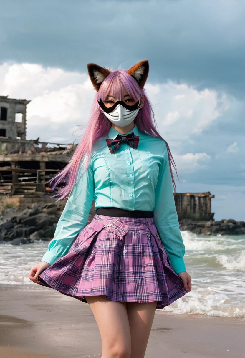 (1girl, koko), (guitar solo), bubble skirt, aqua shirt, bow, bowtie, buttons, collared shirt, expressionless, eyebrows hidden by hair, fox mask, cowboy shot, long hair, long sleeves, mask, multicolored buttons, pink eyes, pink hair, orange skirt, plaid, plaid shirt, purple bow, purple bowtie, shirt, skirt, solo, very long hair, sea, ocean, beach, cloudy, sunrays, dusk, moon, cloud, sky, outdoors, cloudy sky, leaf, ruins, sunbeam, post-apocalypse, side view