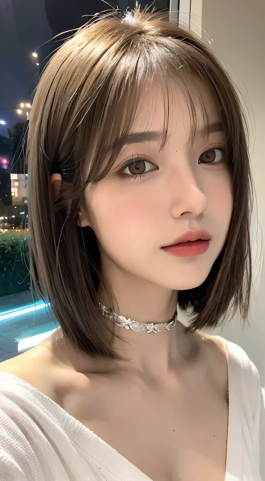 ((night scene、realistic light、best image quality、8K、masterpiece:1.3))、1 girl、Beauty of slim figure:1.4、(brown hair、medium breasts:1.3)、off shoulder cut top:1.3、1 Close-up of a woman wearing a white shirt and choker, girl with short gray hair, silver haired girl, gray hair color, white bangs, white french bob, white short hair, short gray hair, white bob cut hair, chrome bob haircut, silver haired girl, silvery hair, white hime cut hairstyle, silver short hair, white french bob hairstyle