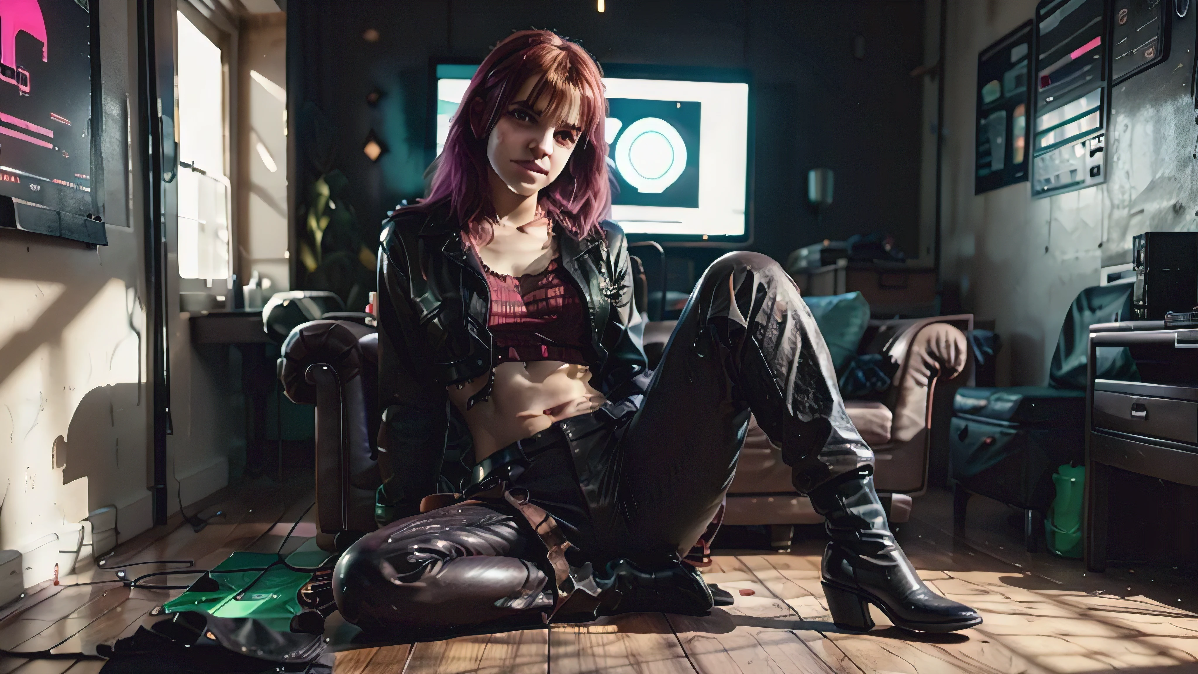 realistic, a dark futuristic cyberpunk hackerspace with many electronic parts laying around, purple and green and yellow lighting, a large dark red leather armchair standing in the middle of the room, on the chair sits a girl facing the viewer, legs crossed, dark blue worn down jeans trousers, dirty old black leather SAS boots, torn olive tank top, some oily dirt around the belly, open very worn black leather jacket, dark brown hair with red stripes and a slight pink undercut