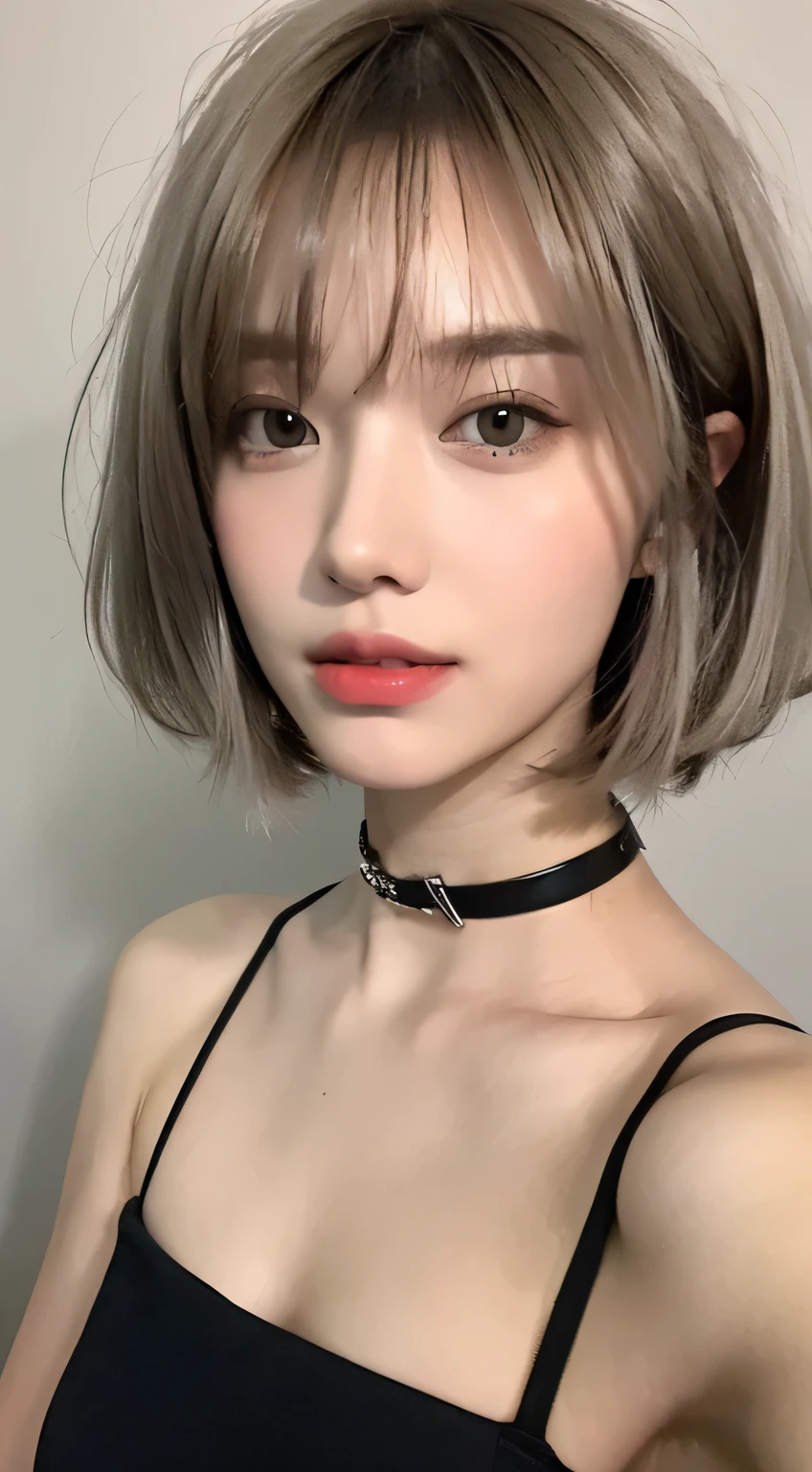 ((night scene、realistic light、best image quality、8K、masterpiece:1.3))、1 girl、Beauty of slim figure:1.4、(brown hair、medium breasts:1.3)、off shoulder cut top:1.3、1 Close-up of a woman wearing a white shirt and choker, girl with short gray hair, silver haired girl, gray hair color, white bangs, white french bob, white short hair, short gray hair, white bob cut hair, chrome bob haircut, silver haired girl, silvery hair, white hime cut hairstyle, silver short hair, white french bob hairstyle