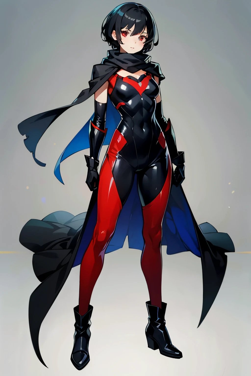 superhero girl, red eyes, short black hair, cute face, black scarf, black hero suit, black long boots, black gloves, red magic power in hands, full body photo:1.5,