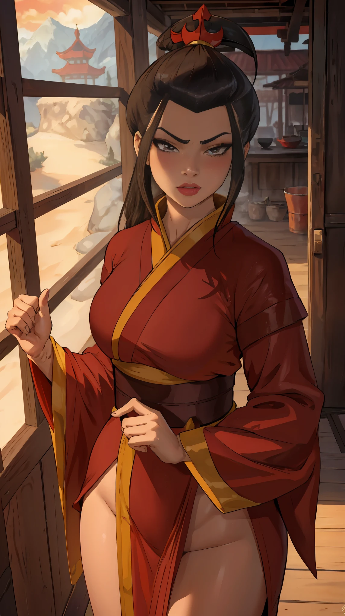 Beautiful, Masterpiece, Best Quality, extremely detailed face, perfect  lighting, Cowboy shot, 1girl, Azula, the perfect body, kimono, seductive, pomade, blushful, moan, makeup, looking a viewer, wide thighs, Erotica,