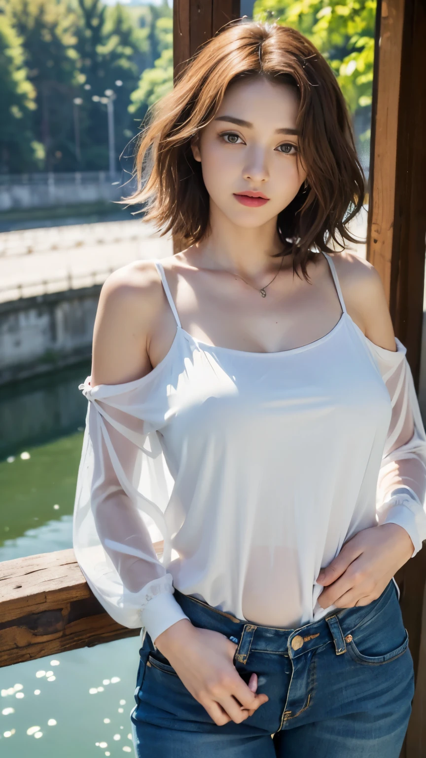 (((best quality, 8 thousand, masterpiece:1.4)), (20 year old woman), masterpiece, distinct, highres, high_quality, wide_shot, small_face, absurdly_short_hair, female, sagging_breasts, balancing, stretching, gentle_face, bare_shoulders, center_opening, downblouse, (brown wavy very long hair), (Put your hands in your pockets), (Huge, saggy breasts), (On a beautiful German bridge), queen of tears, tight pants, Translucent blouse, queen of tears, On the Eiselner Bridge,