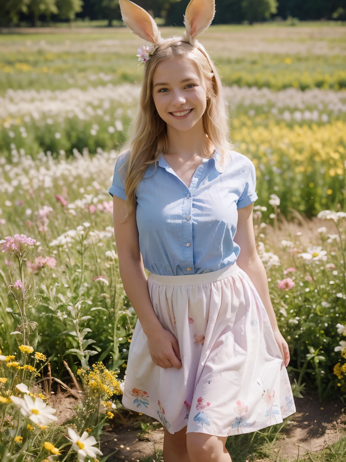 Full body portrait of happy Beautiful blonde 24 years old woman, cute smile, wearing a summer dress, small flowers field, canon 50 mm, sunny day, realistic portrait, highly detailed, analog style, pink shirt, long blue skirt, cute pose, bunny ears diadem, bunny cosplay, realistic