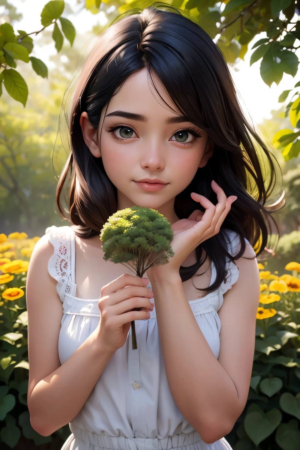 (Mejor calidad,Obra maestra:1.2),RES ultra alto,(fotorrealista:1.4),foto cruda,1 chica,fuera del hombro,cinematic lighting,hermosos ojos detallados,hermosos labios detallados,ojos y rostro extremadamente detallados,long eyelashes,illustration,efecto bokeh,vivid colors,Soft and warm color tone,luz natural suave,green garden background,suave brisa,follaje de primer plano ligeramente borroso,relaxed and dreamy atmosphere,subtle and warm sunlight,cabello suave y fluido,leve olor a flores en el aire,butterflies dancing around the figure of the girl,obra de arte impresionante,puro encantamiento.