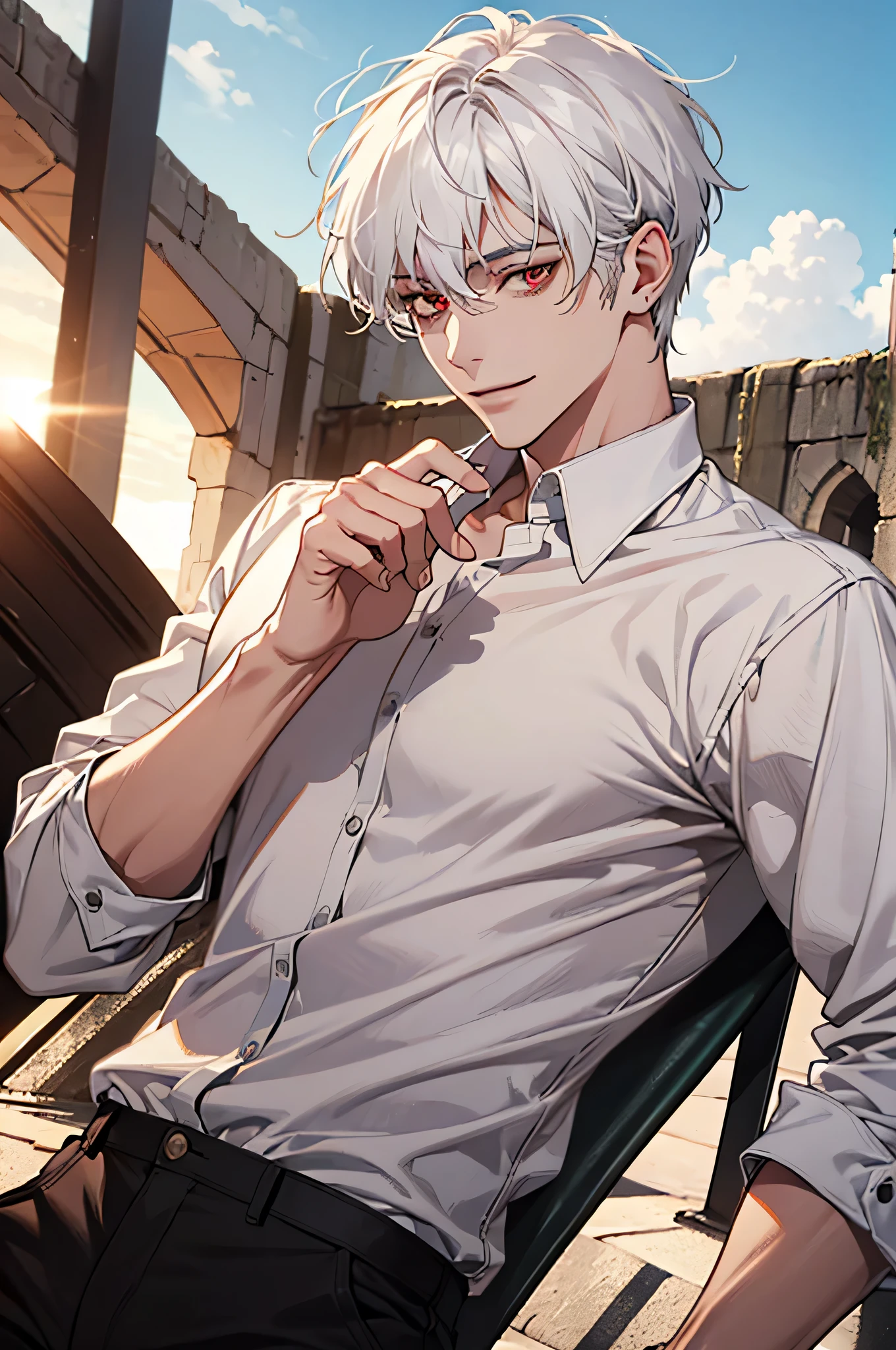 (absurdres, highres, ultra detailed), 1man, 30 years old man, adult man, handsome, tall,, finely detailed eyes and detailed face, leather pants, (((white shirt))), smile, dutch angle, ((Short, White hair)), gold details, gothic, vampire, vampire prince, dark, looking at the view, pale skin, detailed eyes, (masculine), sexy, elegant, detailed hands, (((red eyes))), high quality eyes, well built body, sunny, sun, bright sky, proper hands, male