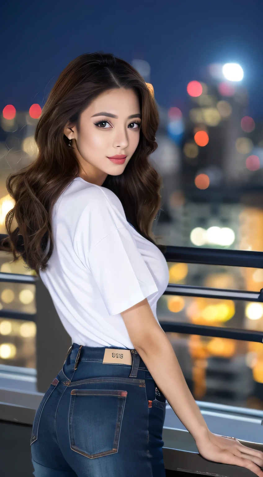 ((midnight, highest quality, 8K, masterpiece :1.3)), whole body, long legs, sharp focus :1.2, beautiful woman with perfect figure :1.4, thin abs :1.1, ((dark brown hair,huge breasts :1.2)), (white tight t-shirt, bib jeans, Are standing:1.2), ((night city view, rooftop:1.3)), Highly detailed face and skin texture, fine eyes, double eyelid