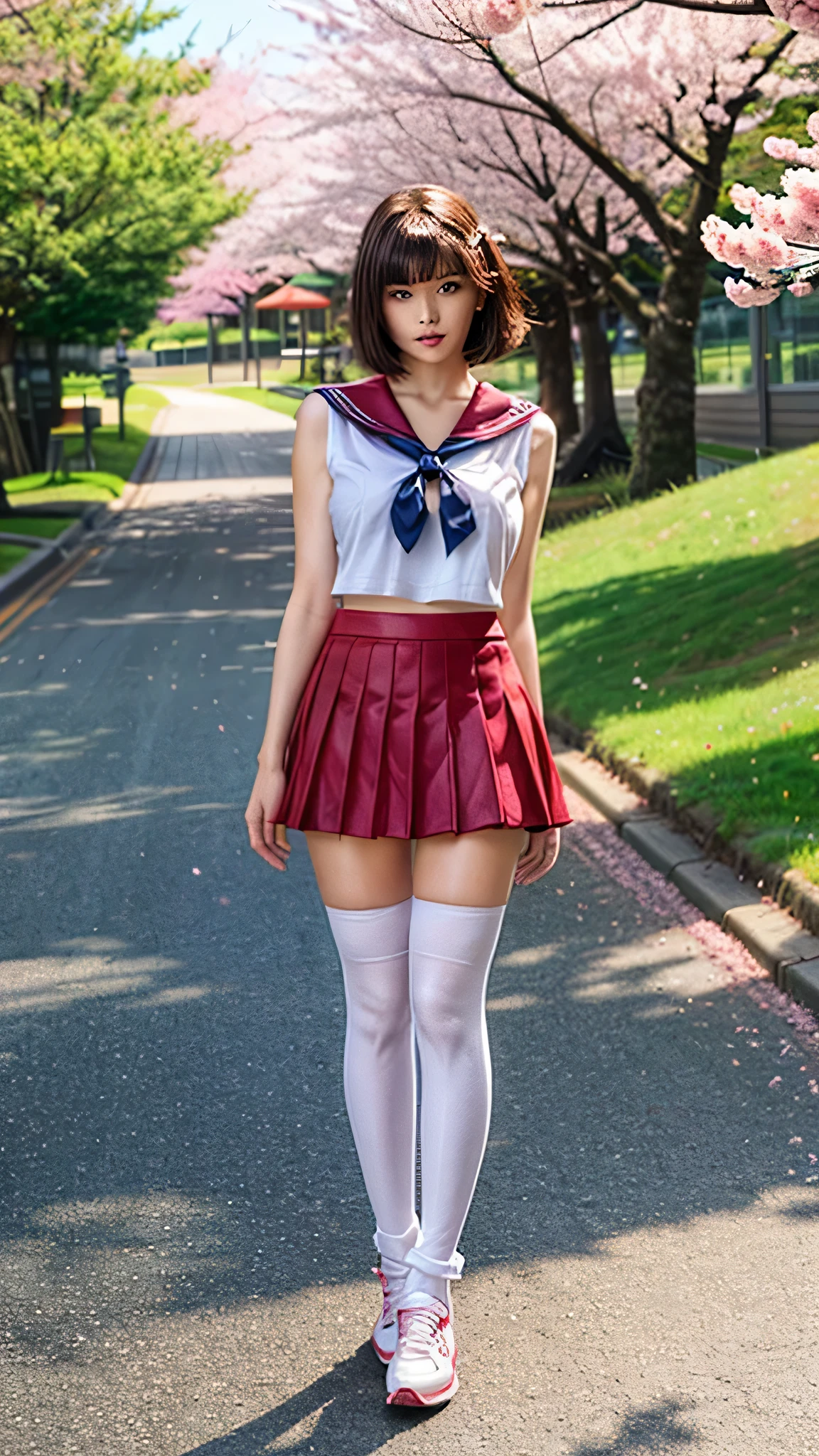 one pretty girl, solo, supermodel, pale skin, short wavy hair, blunt bangs, make up, parted lips, big tits, sailor uniform, looking at viewer, a blooming cherry blossom grove, with delicate pink petals floating in the breeze, soft lighting, film grain,  epiCPhoto, standing beside road, full body view,  sneaker, thigh high sock, mini skirt, 