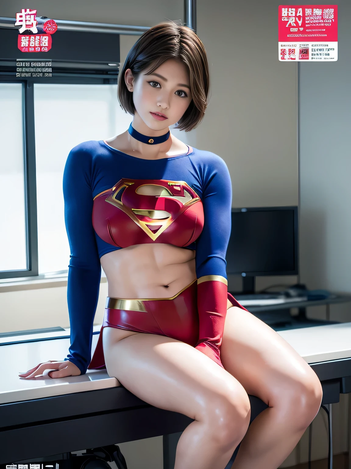highest quality、masterpiece、Short-haired Supergirl sleeping in the operating room、plump breasts、look at the camera、choker、barefoot、Weekly magazine cover、High leg、red mini skirt、long sleeve、tight costume、confused、wide open legs、obscene、Show me a glimpse、model body shape、