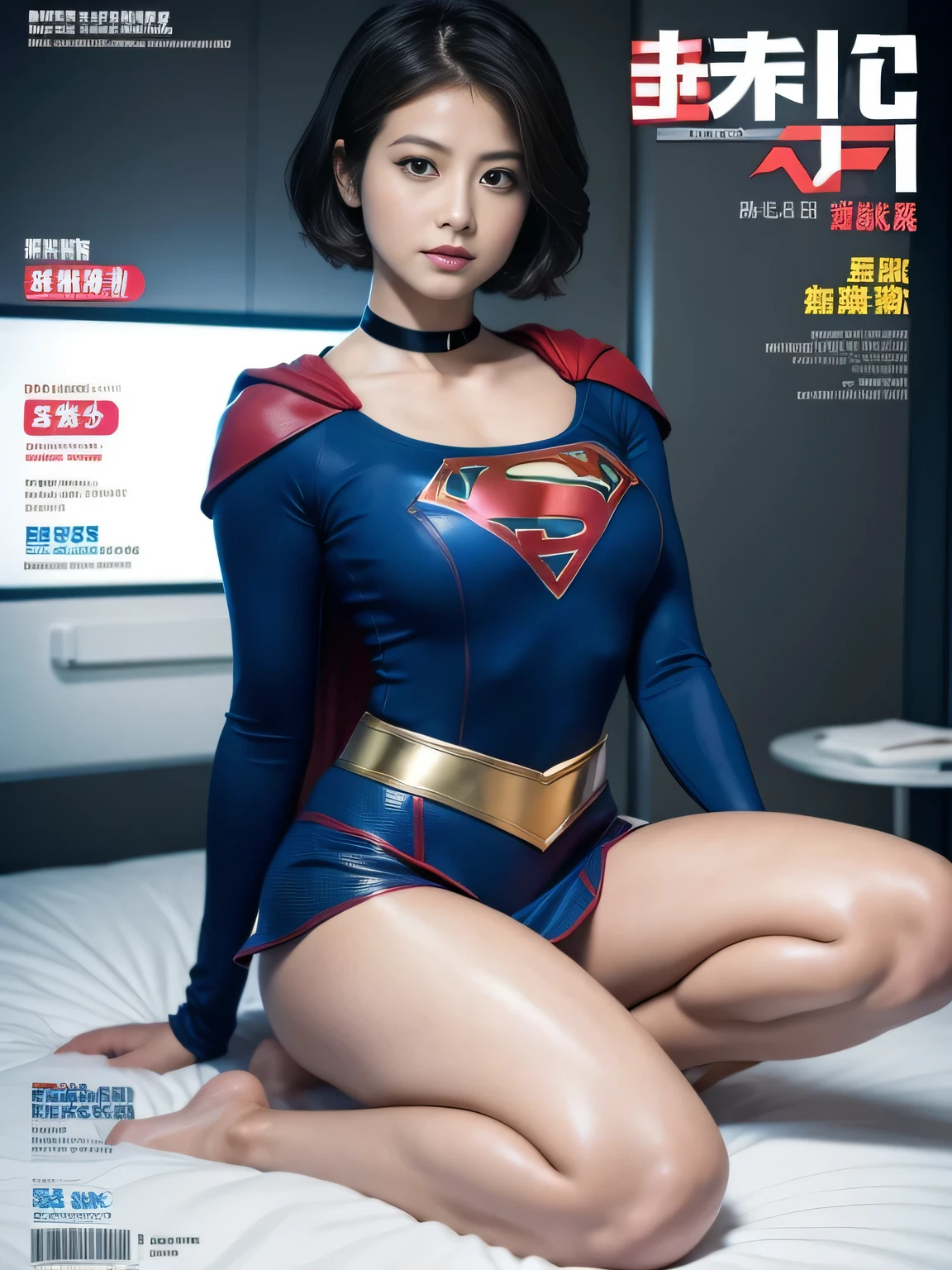 highest quality、masterpiece、Short-haired Supergirl sleeping in the operating room、plump breasts、look at the camera、choker、barefoot、Weekly magazine cover、High leg、mini skirt、tight costume、confused、wide open legs、obscene、Show me a glimpse、long sleeve、