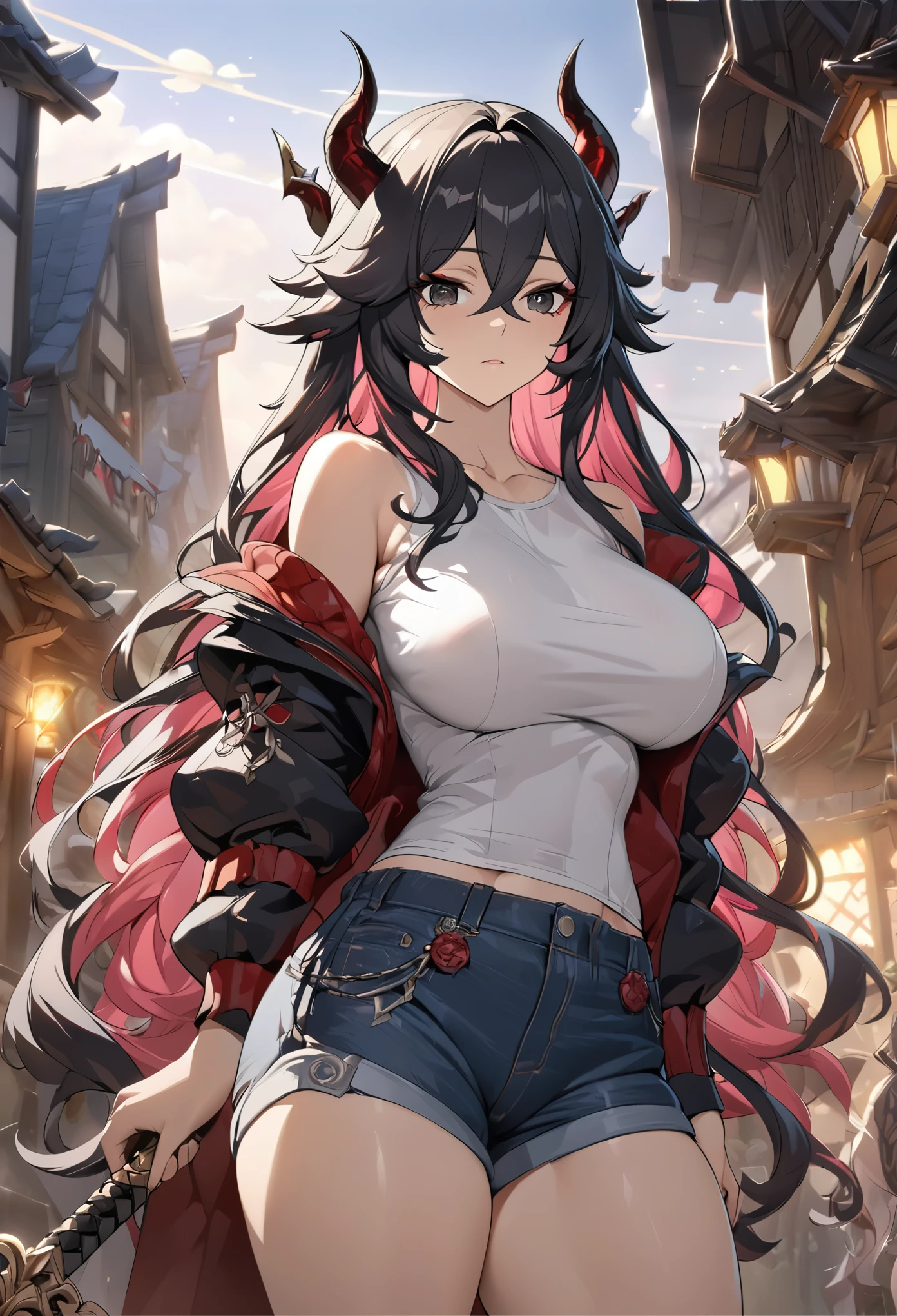 ((solo)), (woman), black eyes, black hair, very long hair, wavy hair, messy hair, cherry pink colored inner hair, (sculpted body), big breasts, thick thighs, (mature body), red and black detailed horns, demon horns, a close up of a person with a great sword in a village, detailed key anime art, honkai star trail character, casimir art, masamune shiro, masamune, beautiful woman in demon slayer art, genshin, heise jinyao, shadowverse style, (no logos), white shirt, jacket, jeans shorts, eye reflection, depth of field, cinematic lighting, ray tracing, depth of field, cinematic lighting, ray tracing, UHD, high details, best quality, highres, high quality, award winning, super detail, masterpiece, 8k, UHD, high details, best quality, highres, high quality, award winning, super detail, masterpiece, 8k, digital art, anime coloring